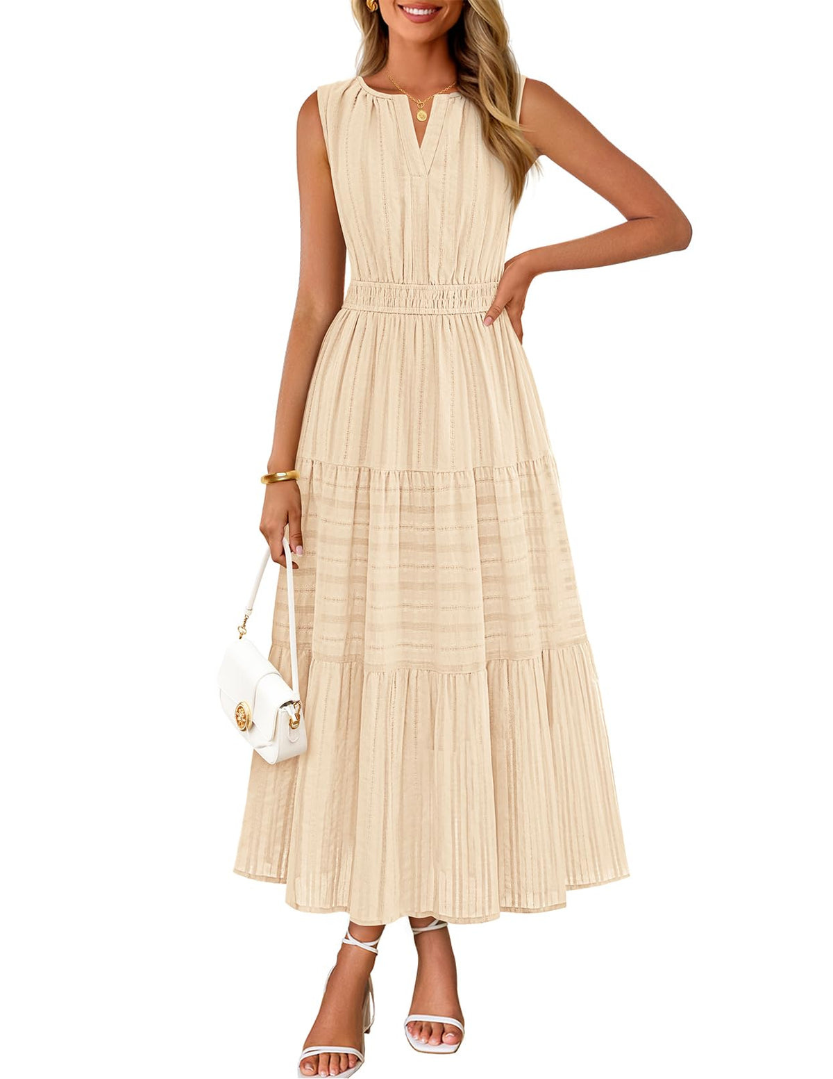 MEROKEETY Summer Casual Sleeveless V Neck Midi Maxi Cotton Dress Women 2026