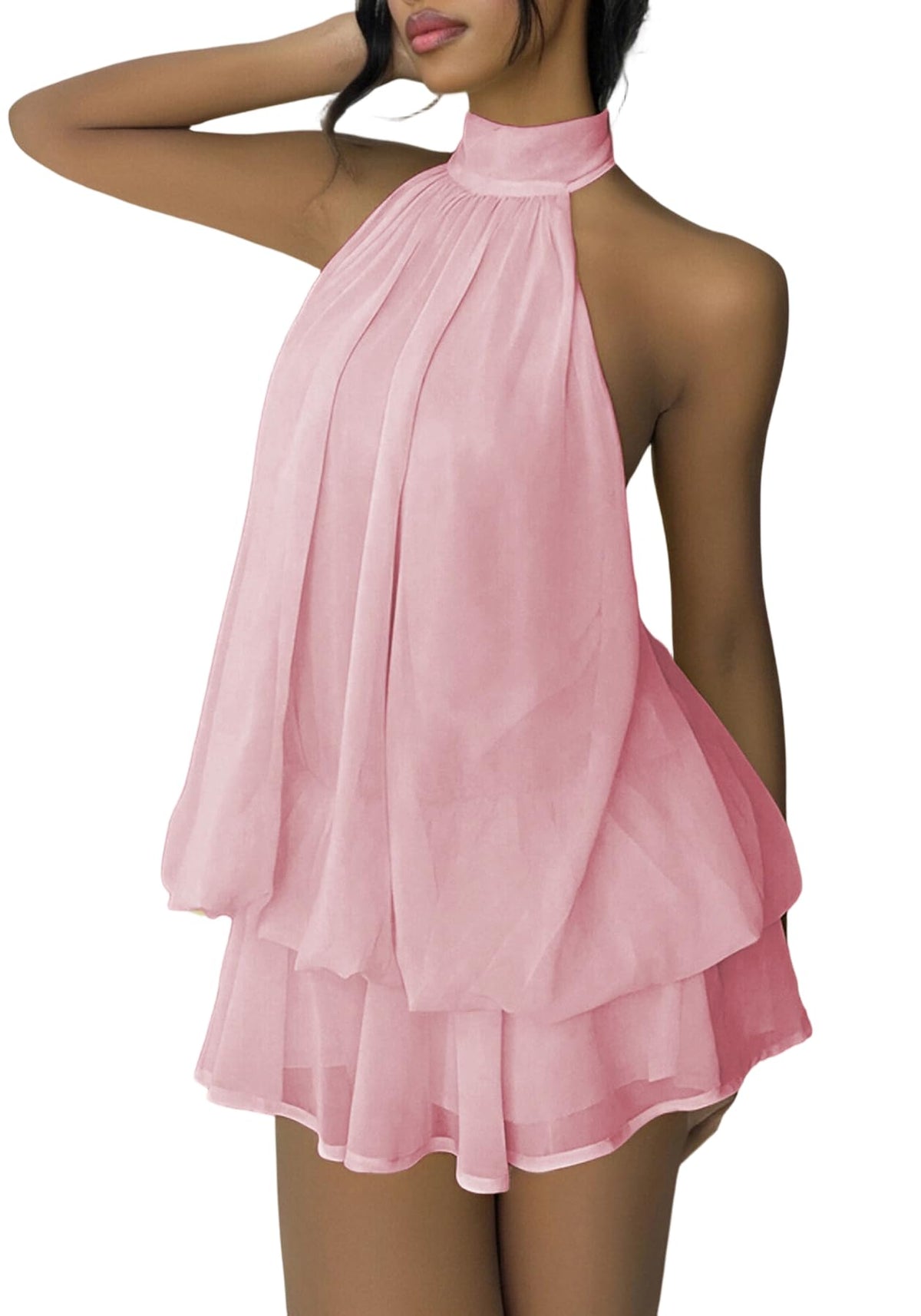 SHINFY Women's Chiffon Halter Flowy Ruffle Backless Birthday Mini Dress
