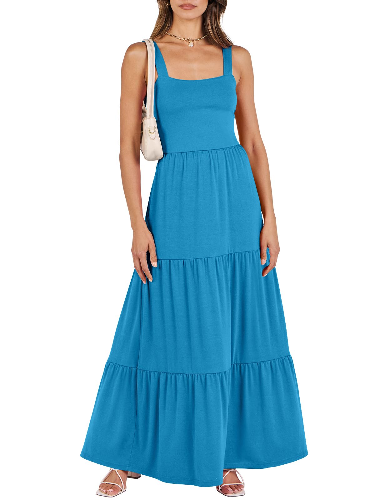 ANRABESS Women's Summer Flowy Maxi Dress Square Neck Sundress with Pockets