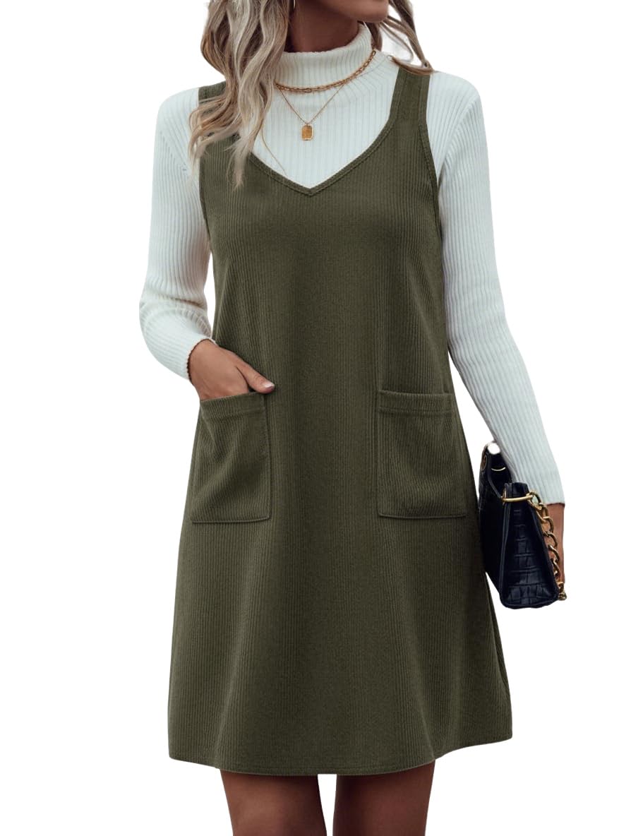 IDEALSANXUN Plaid Overall Dress for Women Fall Winter Sleeveless Plaid Dresses with Pockets