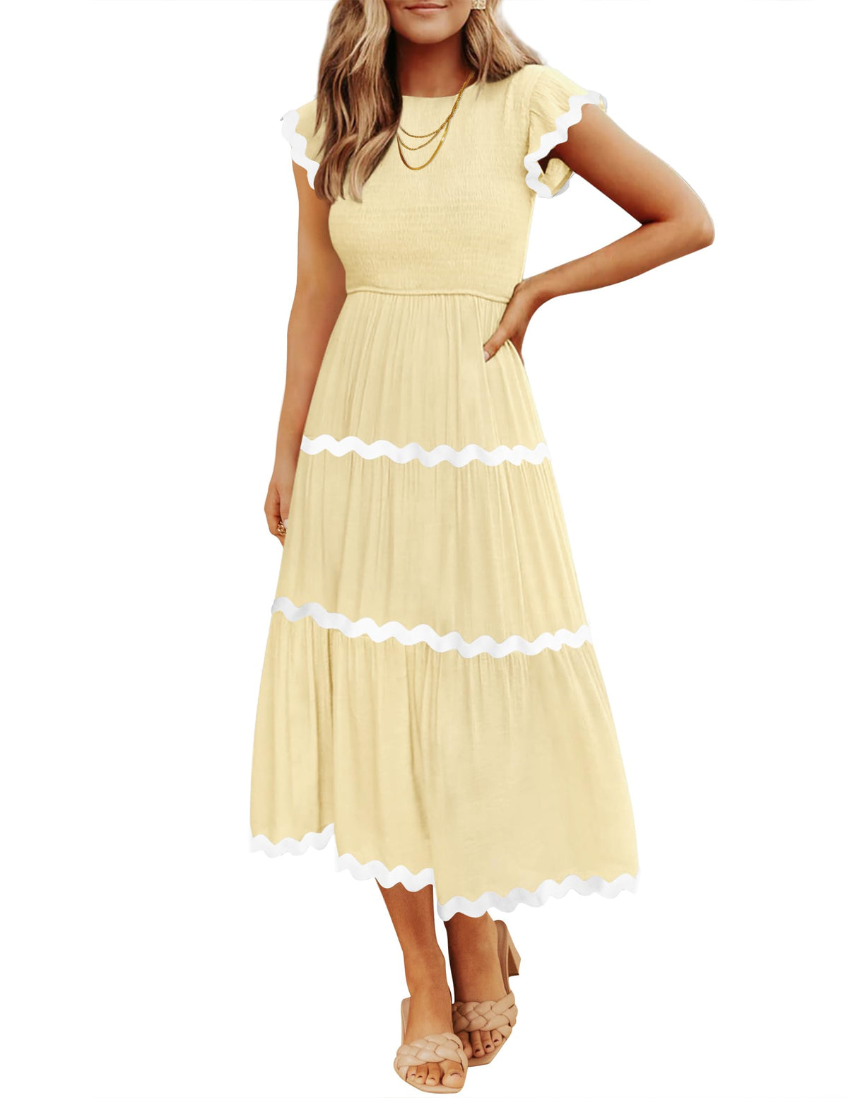 ZESICA Womens Summer Casual Smocked Flowy Midi Dress
