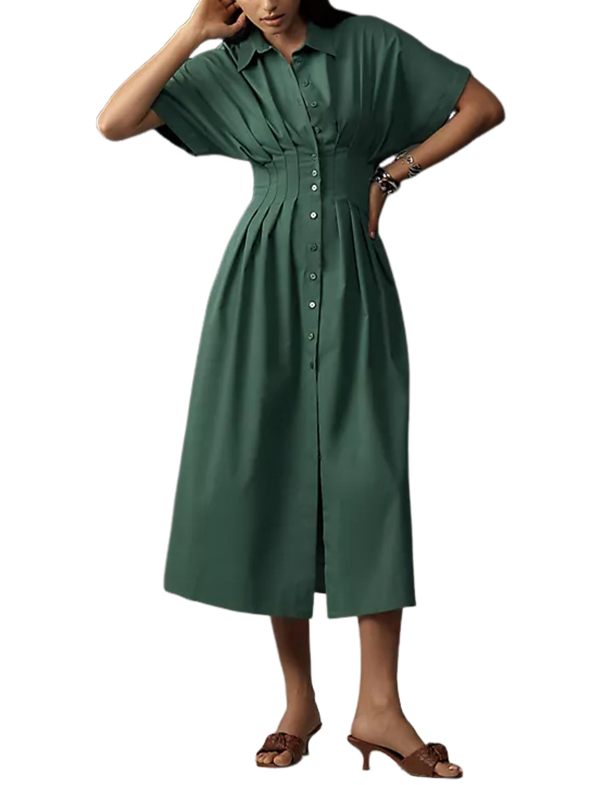Yeokou Shirt Dress for Women Summer Casual Short Sleeve Button Down Loose Pleated Maxi Sundress with Pockets