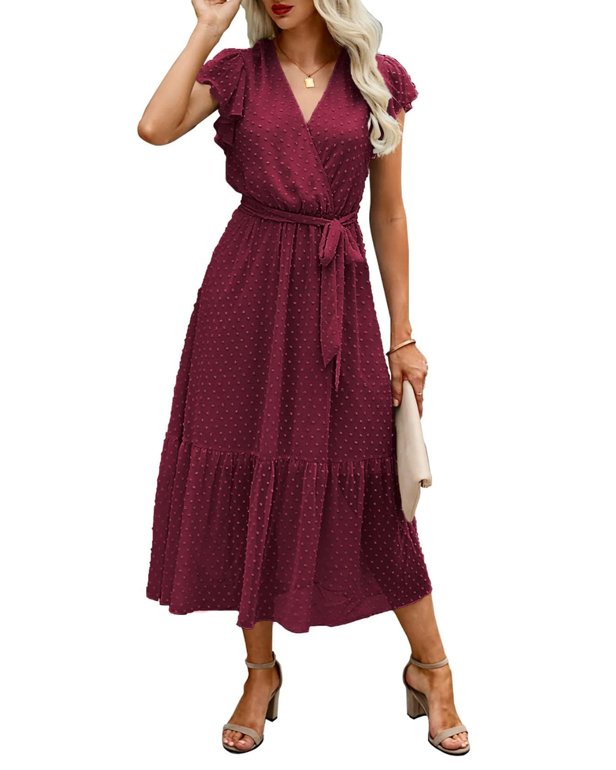 BTFBM Women Summer Casual Wrap V Neck Ruffle Cap Sleeve Belted Midi Dress