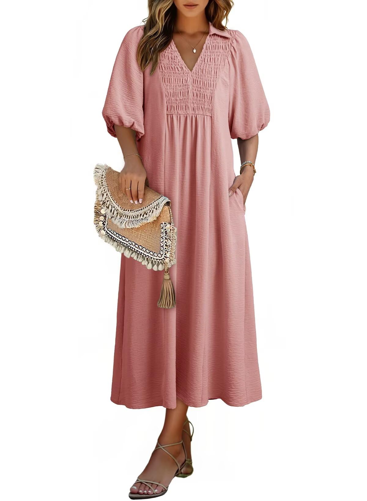 Dokotoo Summer Dresses for Women 2026 Casual Dresses V Neck Puff Sleeve Empire Waist A-Line Maxi Dress