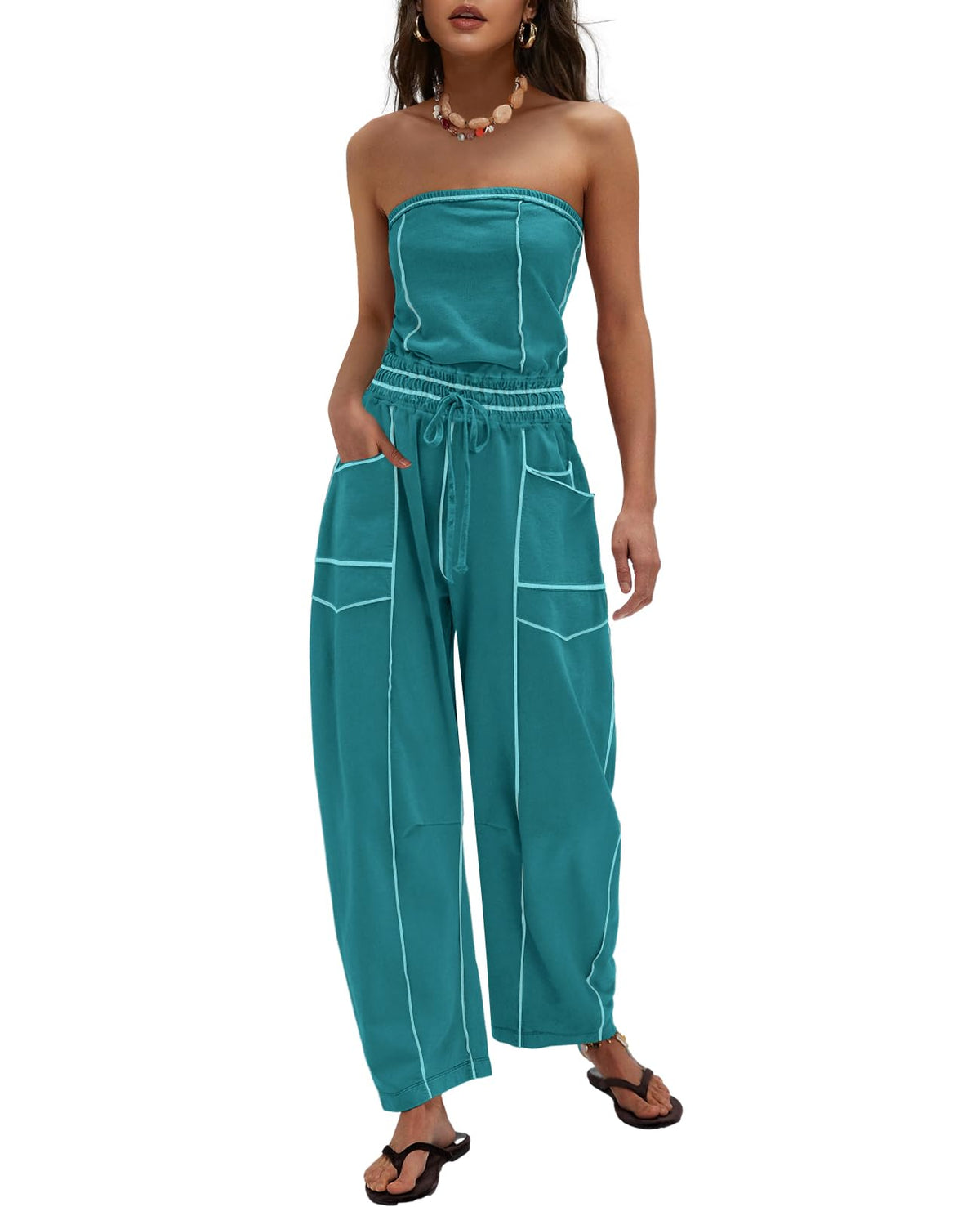 LAMISSCHE Womens Casual Strapless Jumpsuits off the Shoulder Summer Rompers Sleeveless One Piece Outfits with Pockets
