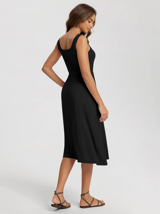 ODODOS Square Neck Midi Dress with Pockets for Women Summer Casual Sleeveless Sundress Flare Tank Dress