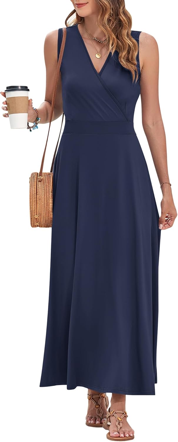 AUSELILY Womens Maxi Dress Summer Sleeveless Wrap Long Dresses with Pockets