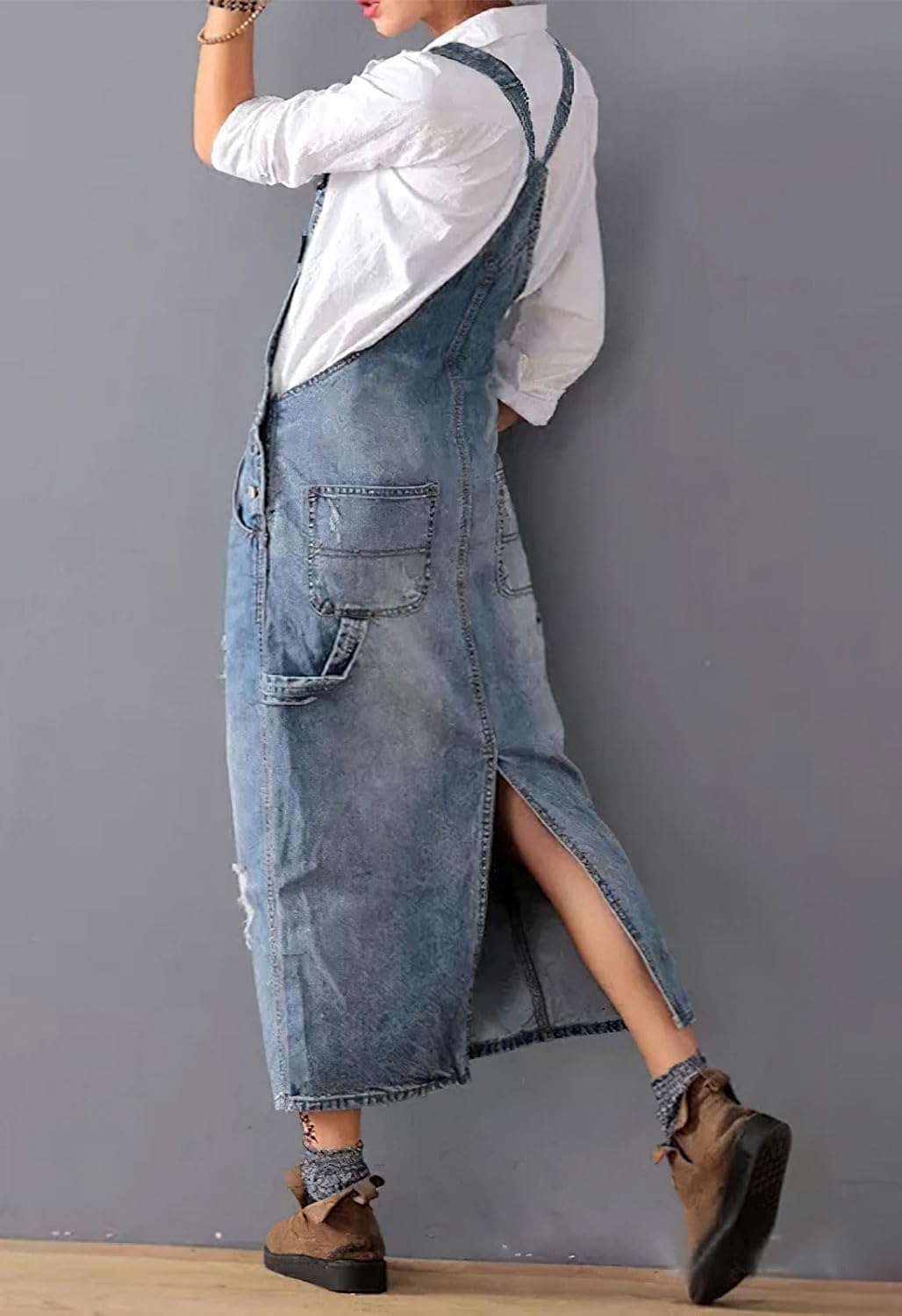 chouyatou Women's Adjustable Strap Distressed Denim Overall Dress A-Line Pinafore Jean Dress with Split