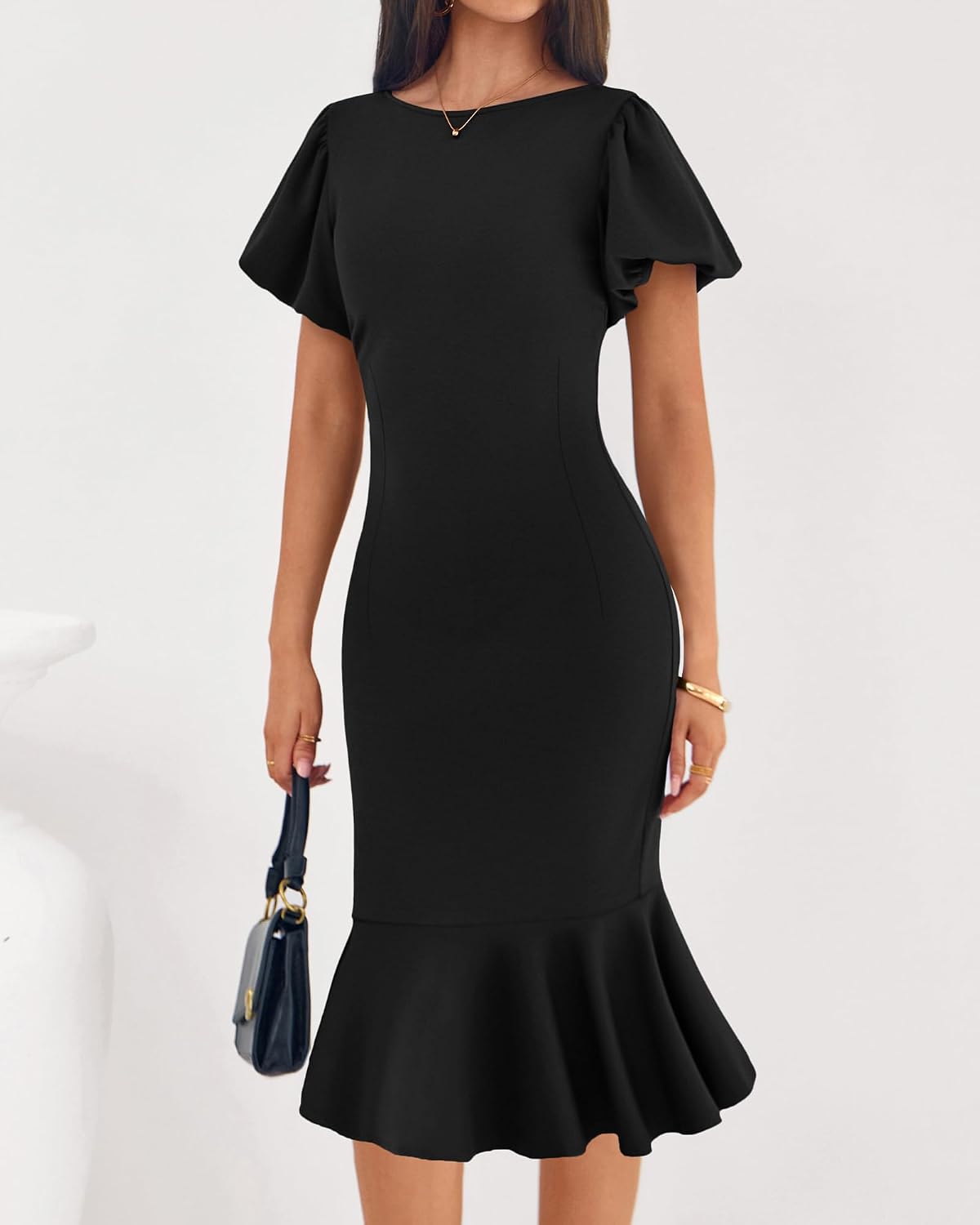 BTFBM Women Short Sleeve Bodycon Ruffle Mermaid Midi Dress