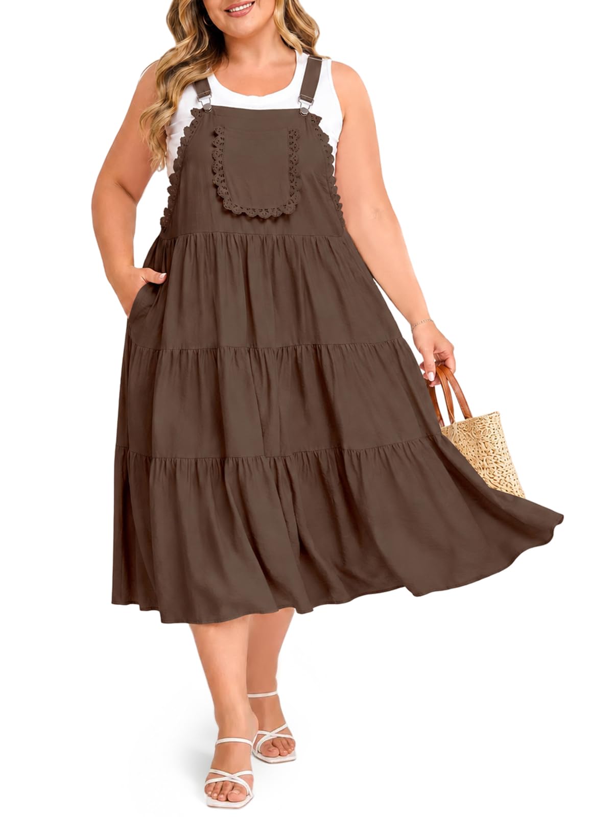 Moon Wood Plus Size Overall Dress for Women Casual Bib Jumper Dress Summer Maxi Dress with Pockets Adjustable Straps
