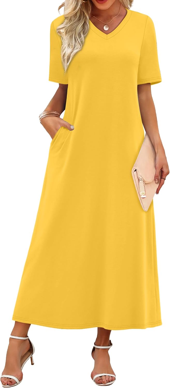WIHOLL Women's Maxi Dresses V Neck Vacation Beach Sundresses Floral Travel Summer Dress