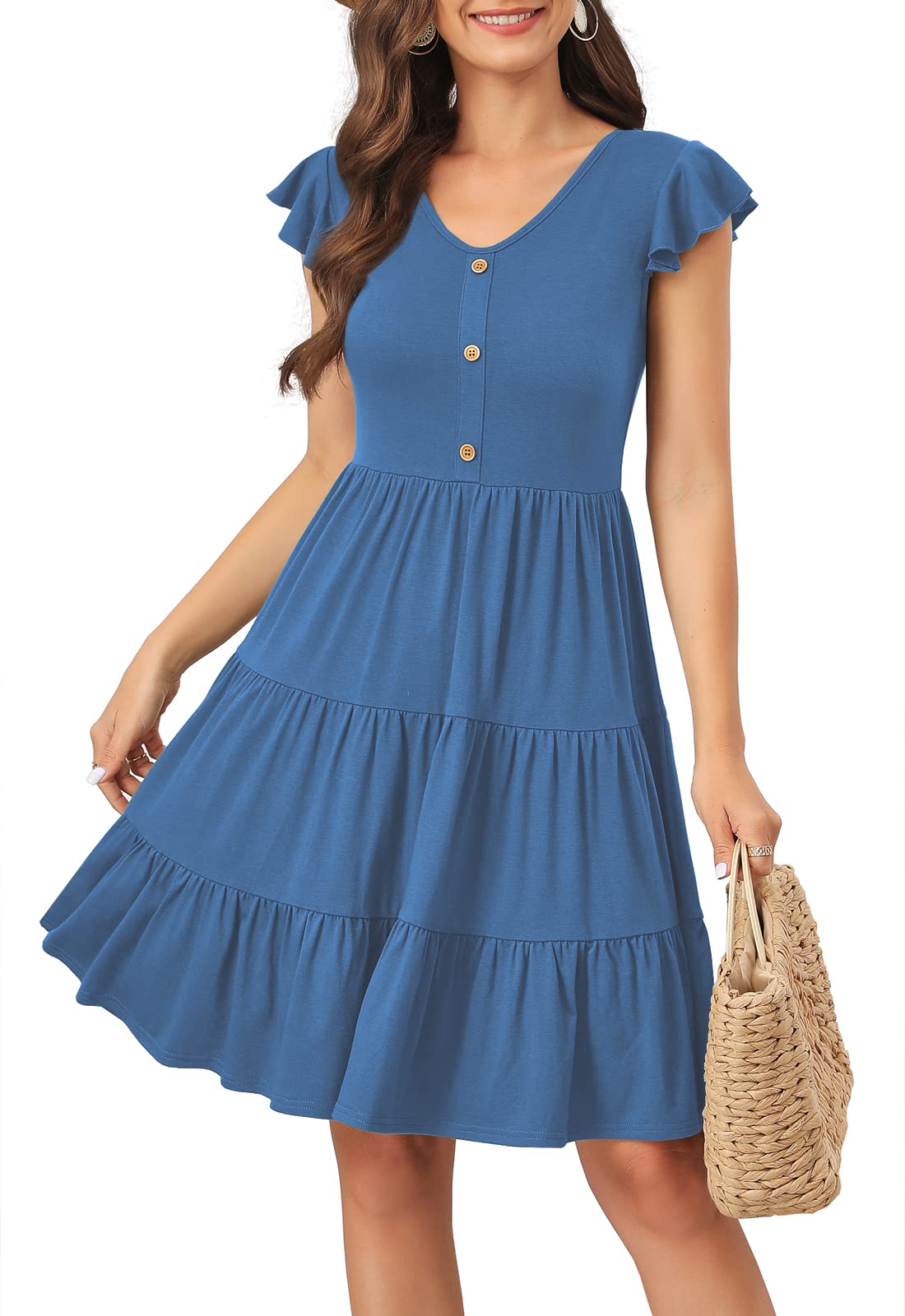 Lamilus Summer Dresses for Women 2026 Ruffle Sleeve V Neck Non-See Through Tiered Babydoll Mini Dress Graduation Beach