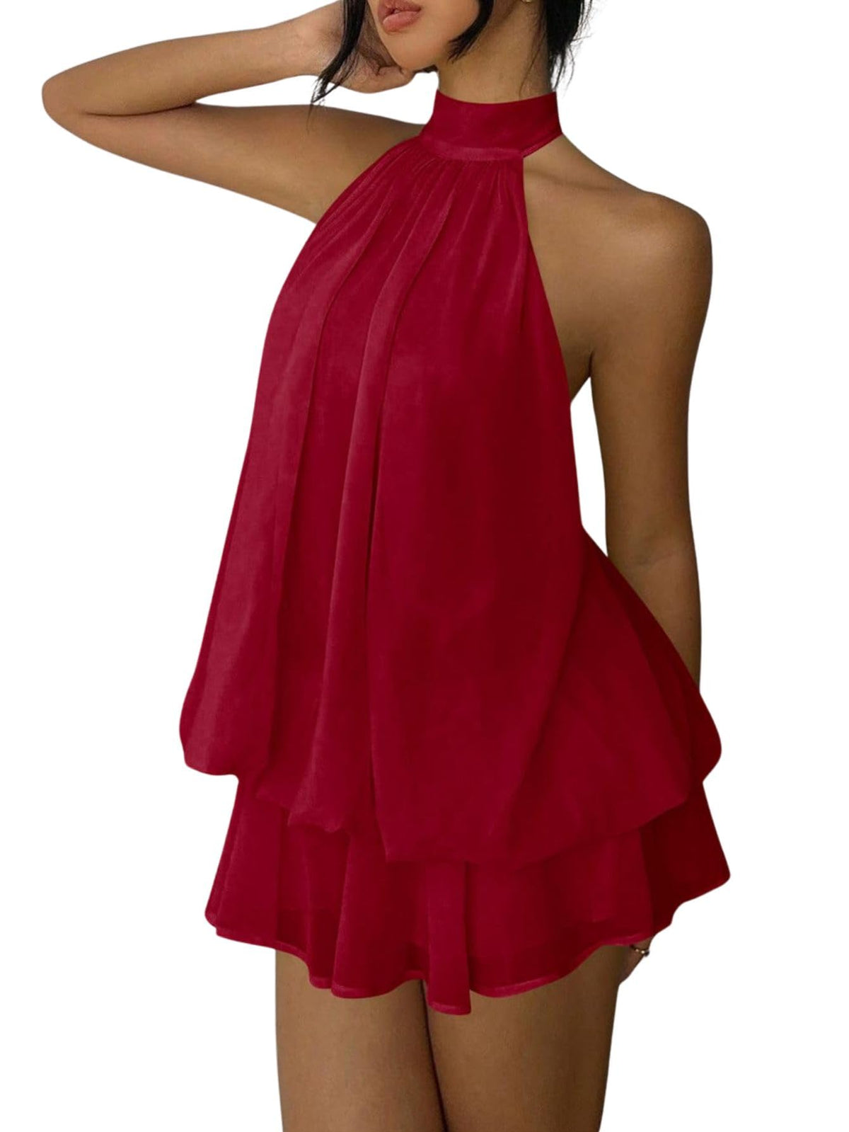 Verdusa Women's Chiffon Halter Drop Waist Flowy Wedding Guest Mini Dresses