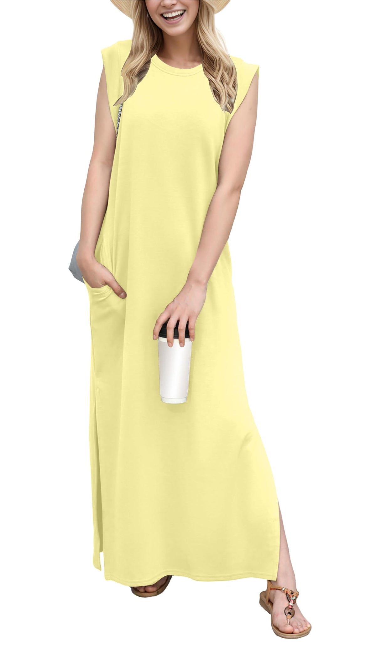 GRECERELLE 2026 Women Year-Round Casual Round Neck Loose Split Wrinkle-Free Long Maxi Vacation Dress with Pockets (XXS-4XL)