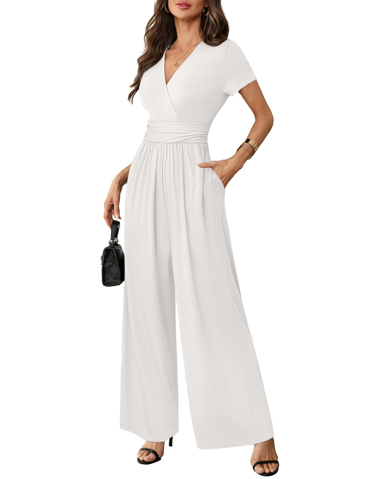 LOOKBOHO Women Jumpsuits Dressy Casual Short Sleeve Wide Leg Pants Rompers