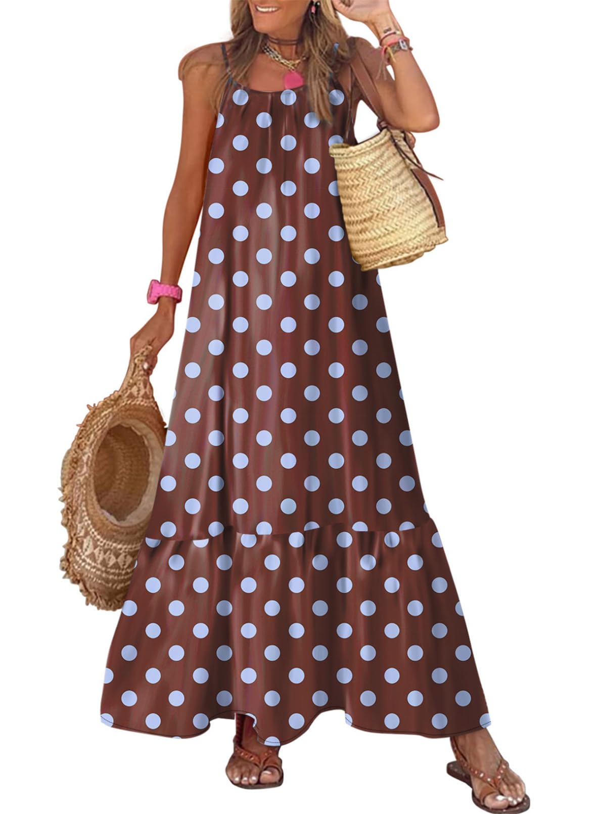 Dokotoo Women Summer Dresses Scoop Neck Ruffle Flowy Boho Maxi Dress