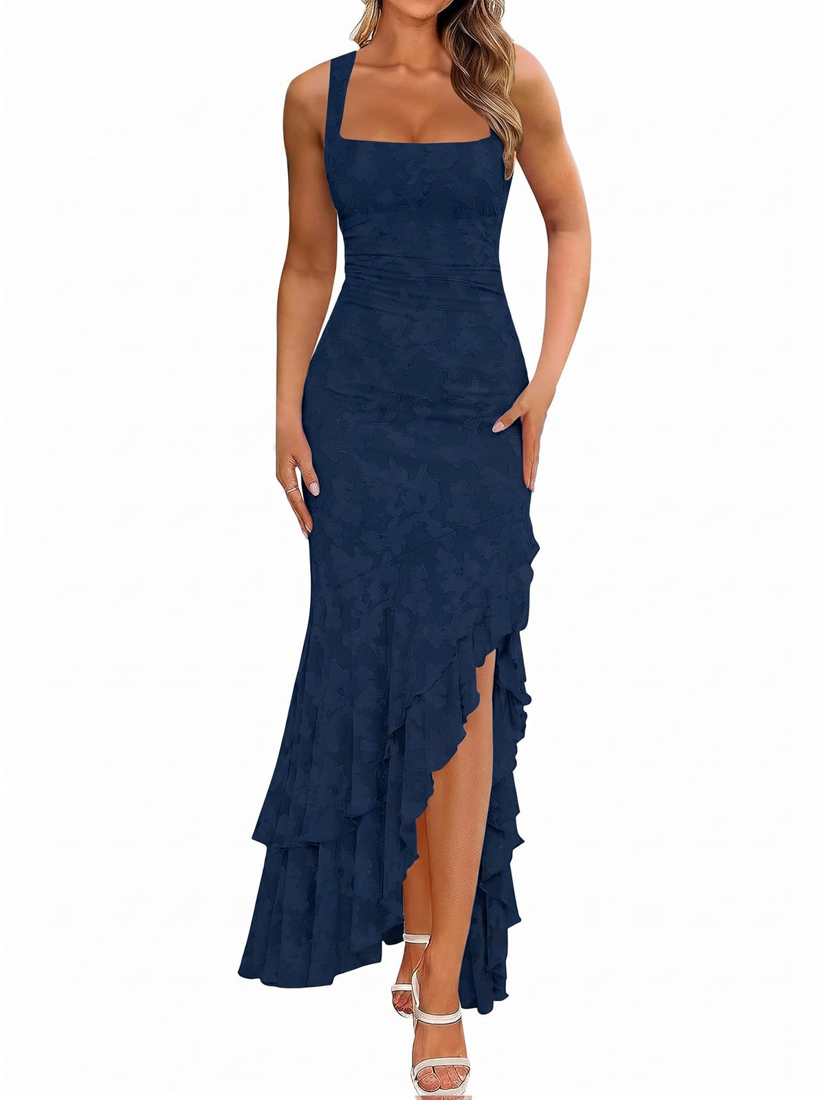 BORIFLORS Women's Elegant Ruched Floral Maxi Wedding Guest Dress