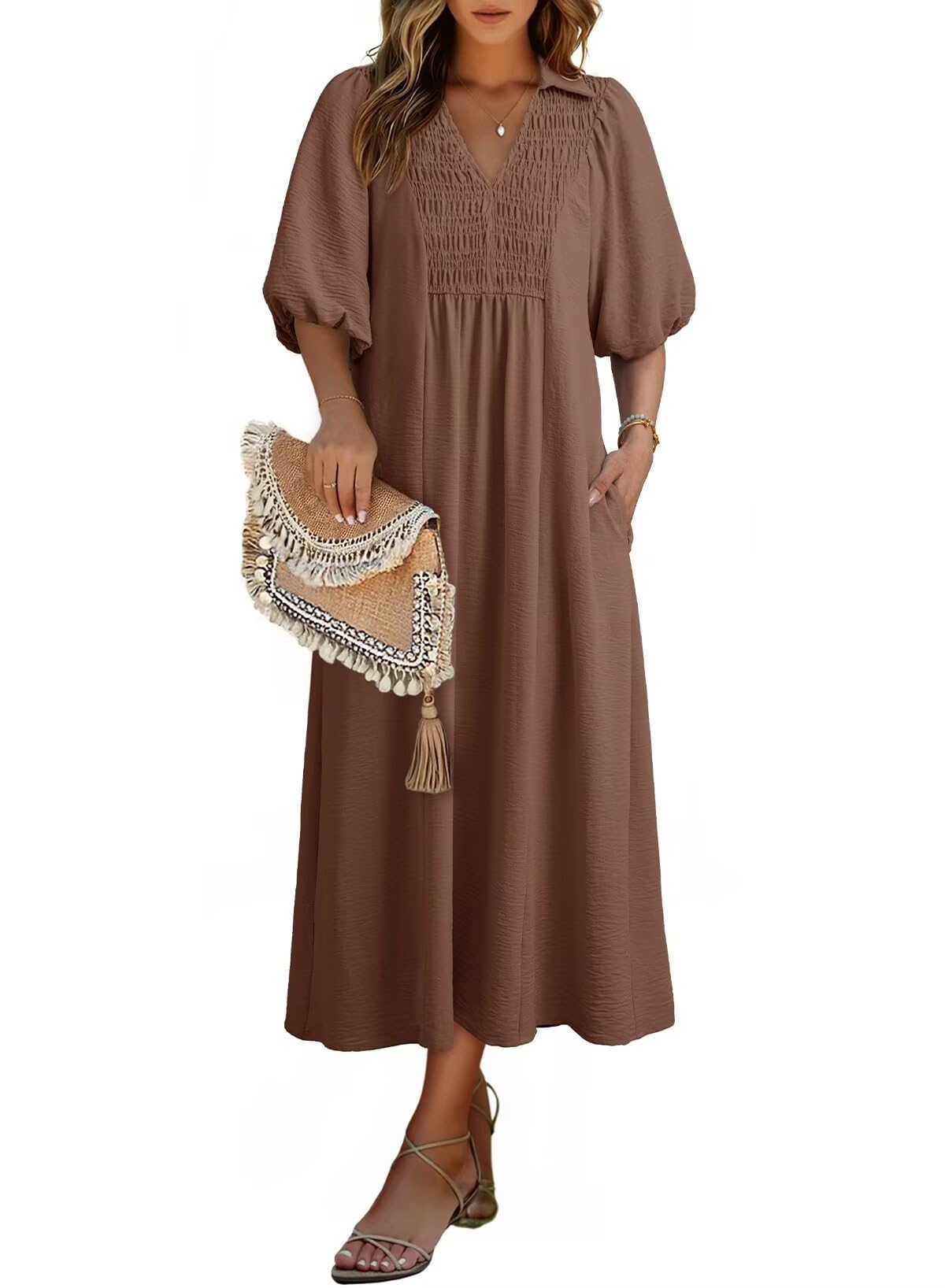 Dokotoo Summer Dresses for Women 2026 Casual Dresses V Neck Puff Sleeve Empire Waist A-Line Maxi Dress