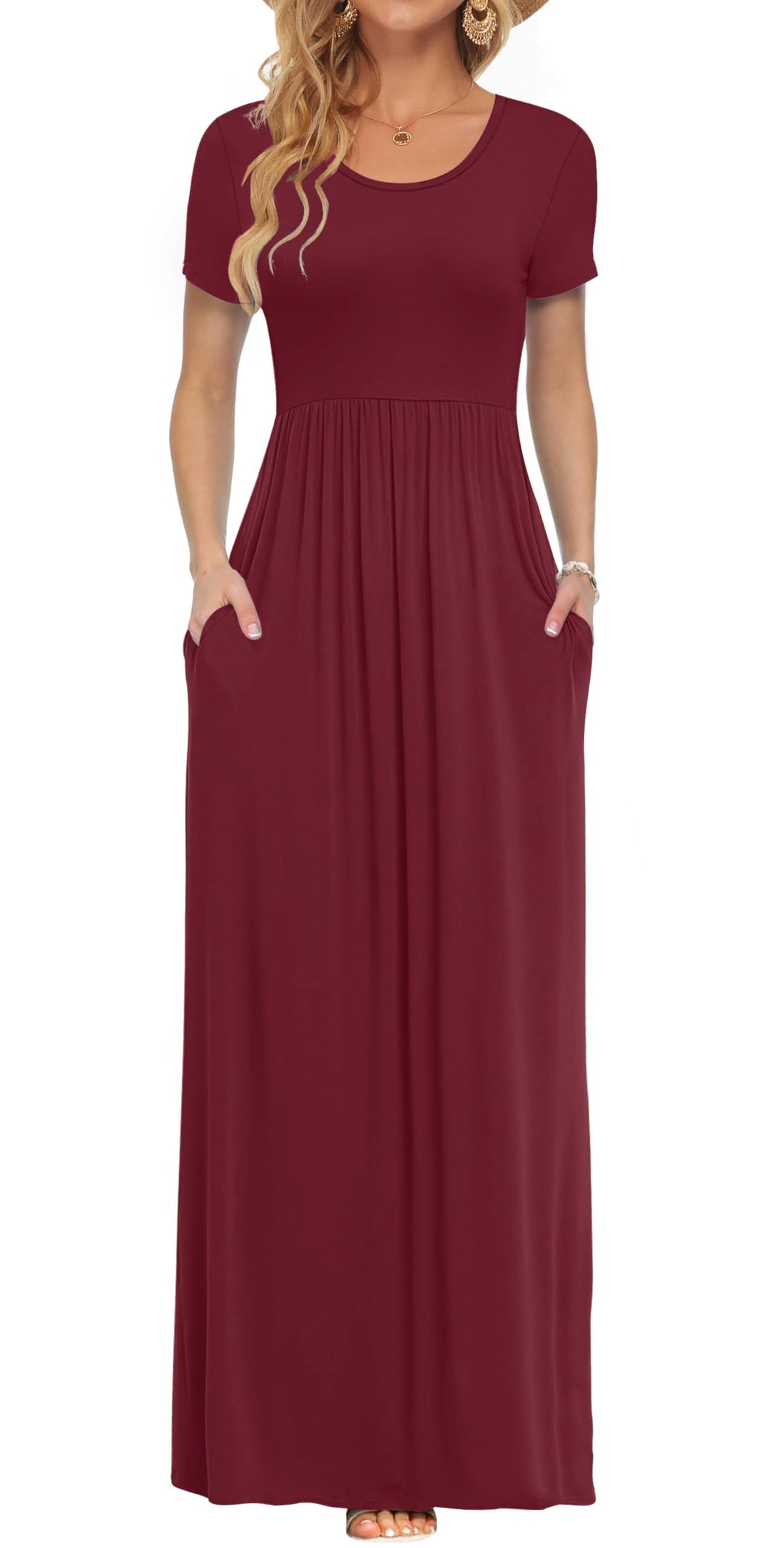 AUSELILY Women's Summer Short Sleeve Loose Plain Casual Long Maxi Dresses