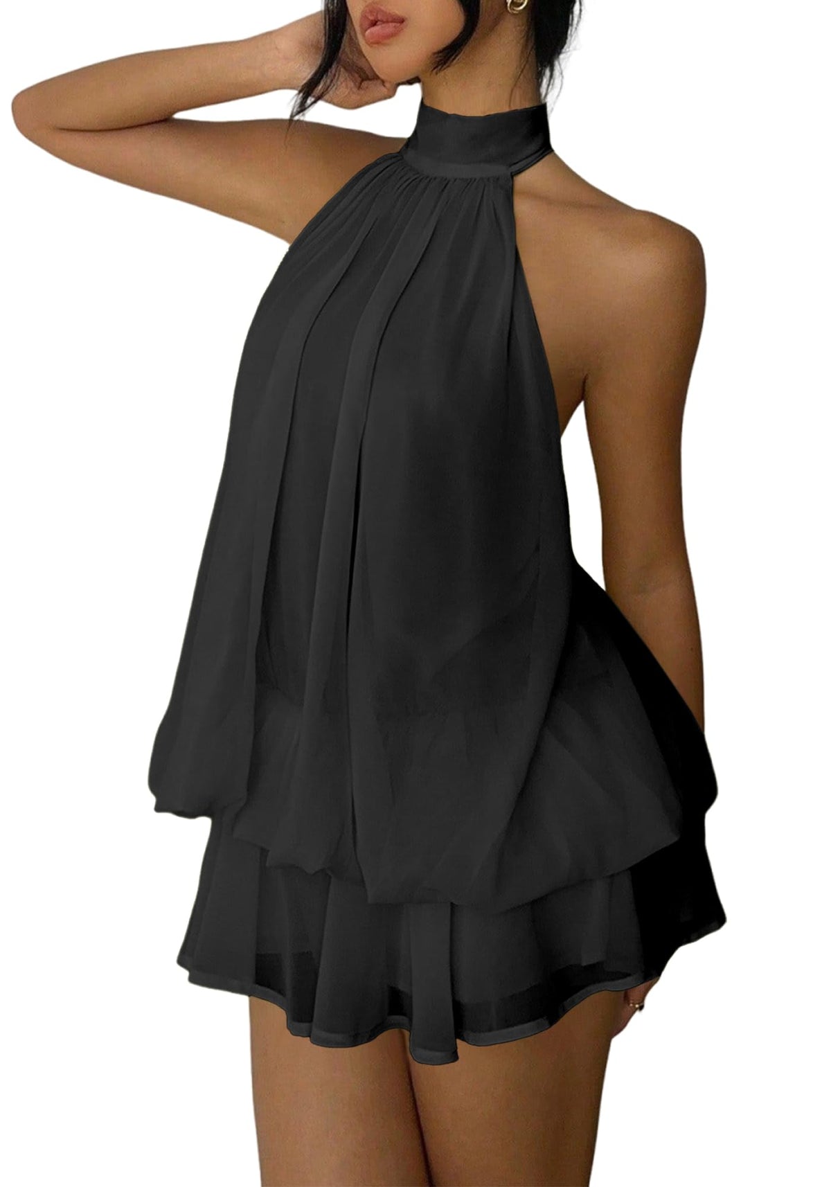 Women's Chiffon Halter Drop Waist Mini Dress Wedding Guest Dresses Ruffle Formal Holiday Club Brunch Outfits