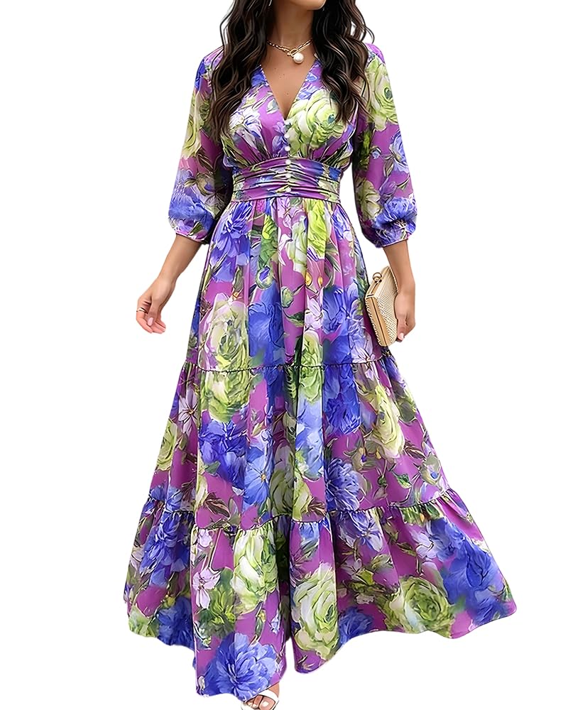 CHICME Womens Summer Boho Floral Wedding Guest Vacation Beach Maxi Dress