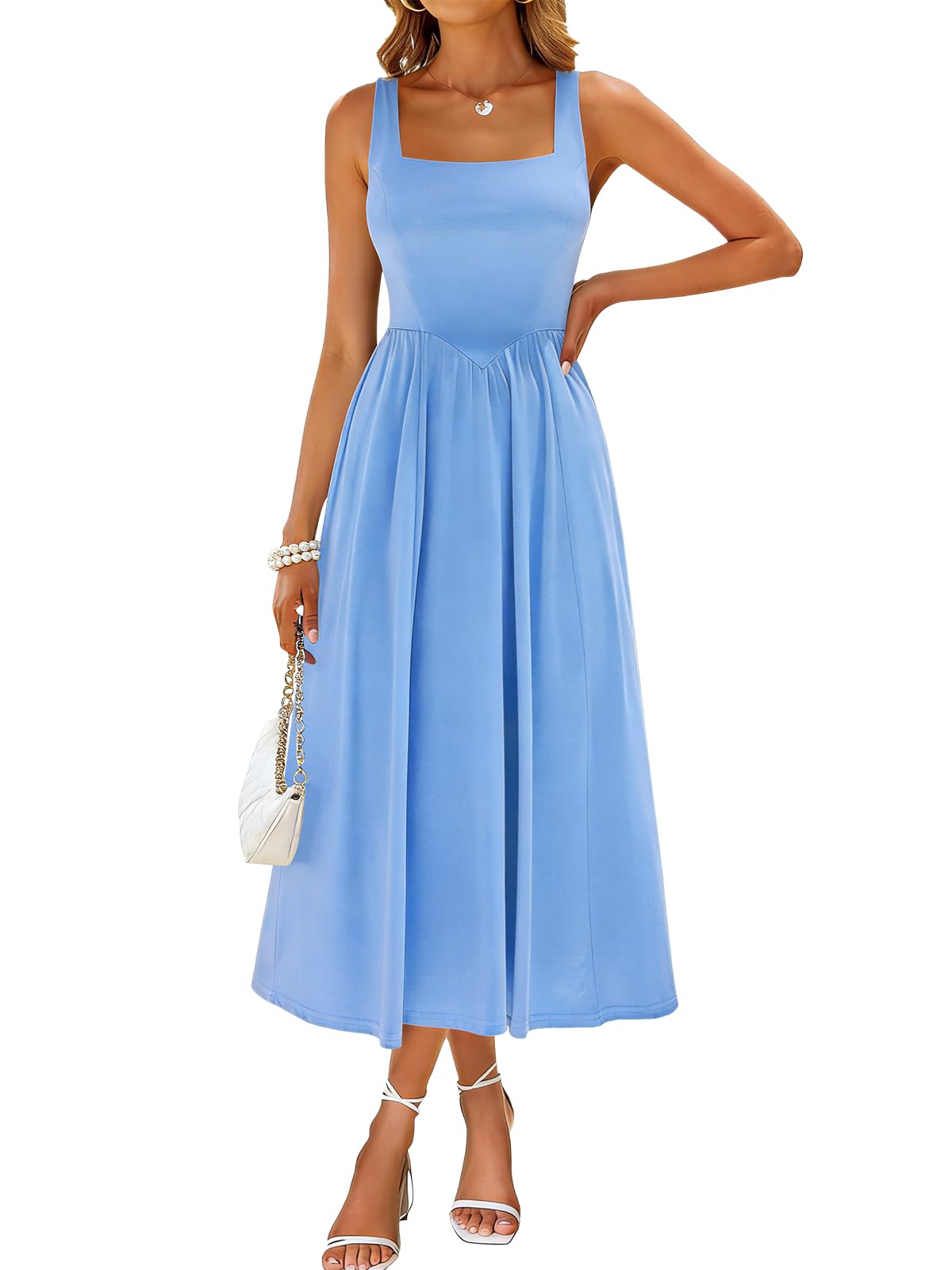 Sureple Midi Dresses for Women 2026 Spring Square Neck Tank Sleeveless A Line Casual Summer Sundresses with Pockets