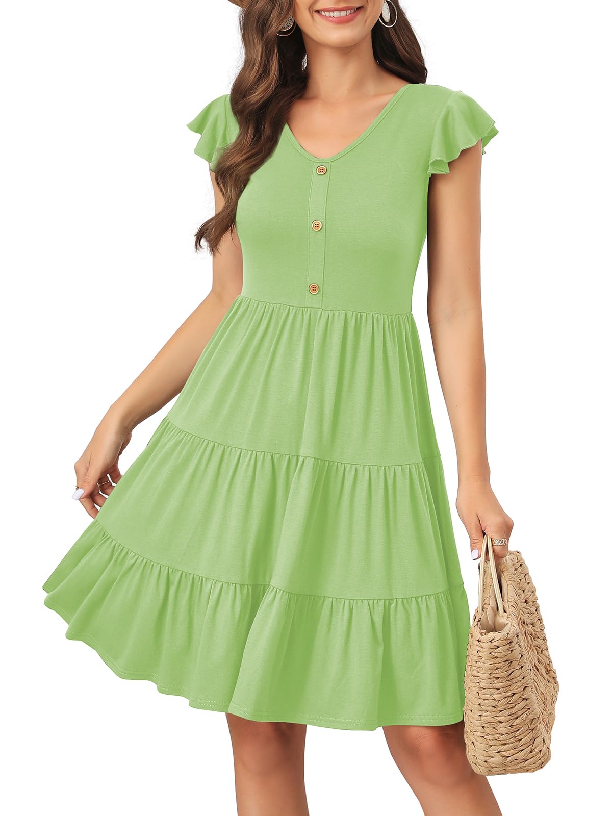 Lamilus Summer Dresses for Women 2026 Ruffle Sleeve V Neck Non-See Through Tiered Babydoll Mini Dress Graduation Beach