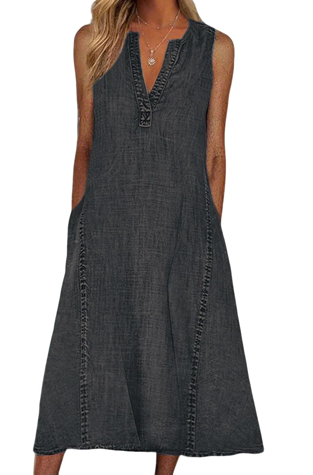 CHARTOU Women Casual Sleeveless Denim Midi Dress A Line Summer