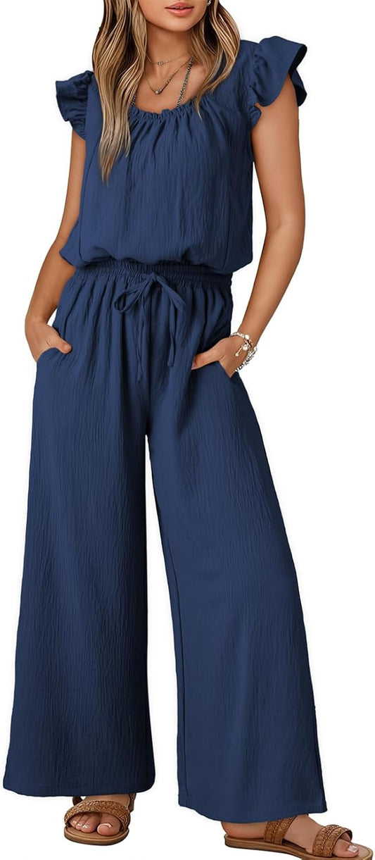Dokotoo Jumpsuits for Women 2026 Summer Ruffle Sleeves Square Neck Rompers Drawstring Overalls with Pockets