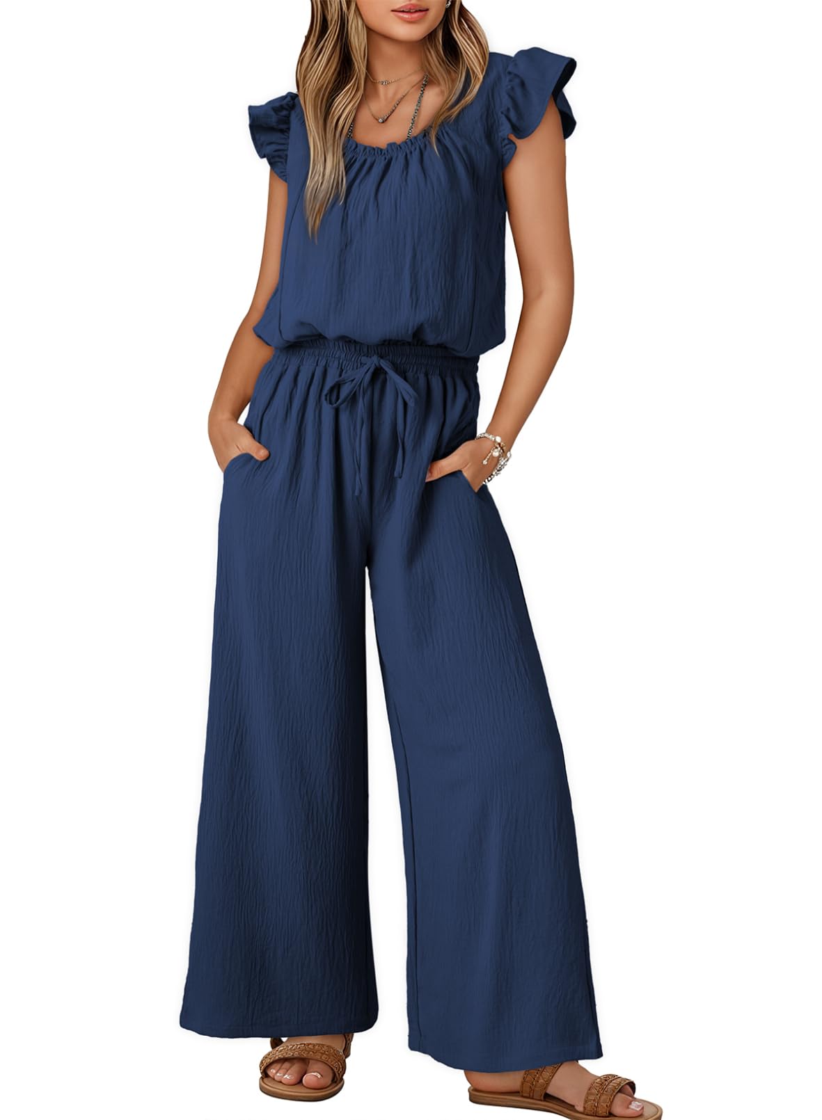 Dokotoo Jumpsuits for Women 2026 Summer Ruffle Sleeves Square Neck Rompers Drawstring Overalls with Pockets
