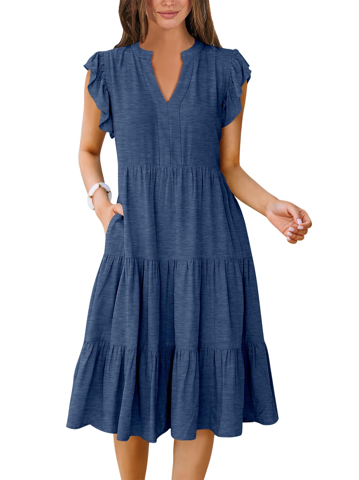 ANRABESS Womens Summer Dress Ruffle Sleeve V Neck Midi Dresses