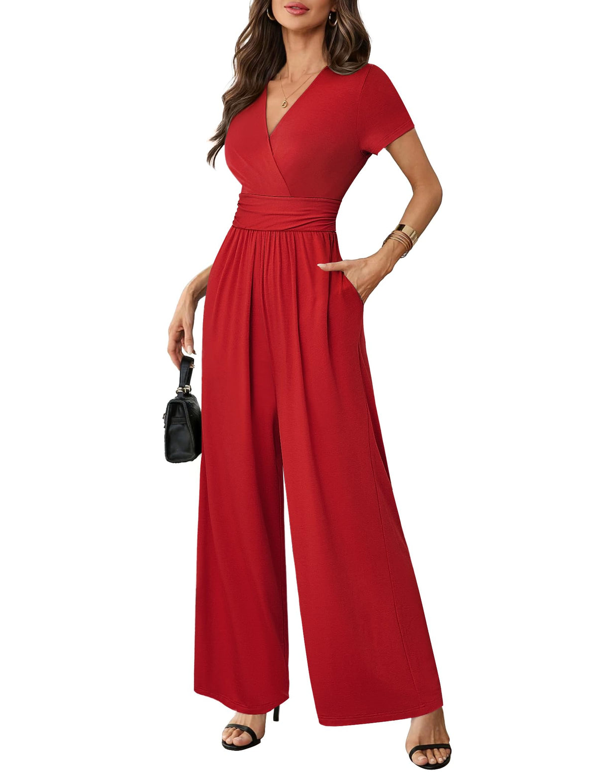 LOOKBOHO Women Jumpsuits Dressy Casual Short Sleeve Wide Leg Pants Rompers