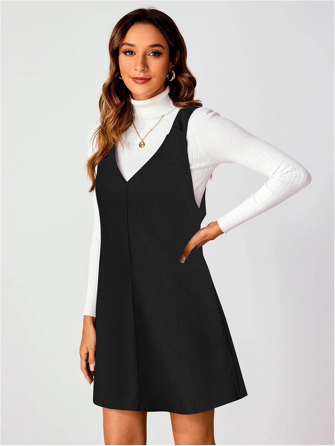 Milumia Women's V Neck Corduroy Overall Dress Mini Pinafore Jumper Dress