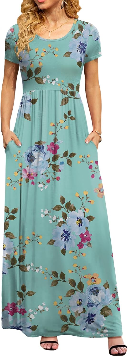 DB MOON Women's Summer Maxi Dress Casual Short Sleeve Empire Waist Pockets