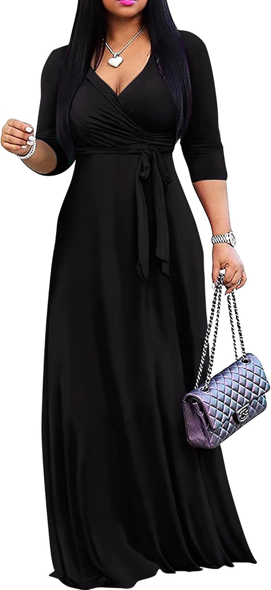 FANDEE Women's 2026 Maxi Dress - Solid Color Bohemian Summer Long Maxi Dress V-Neck 3/4 Sleeve