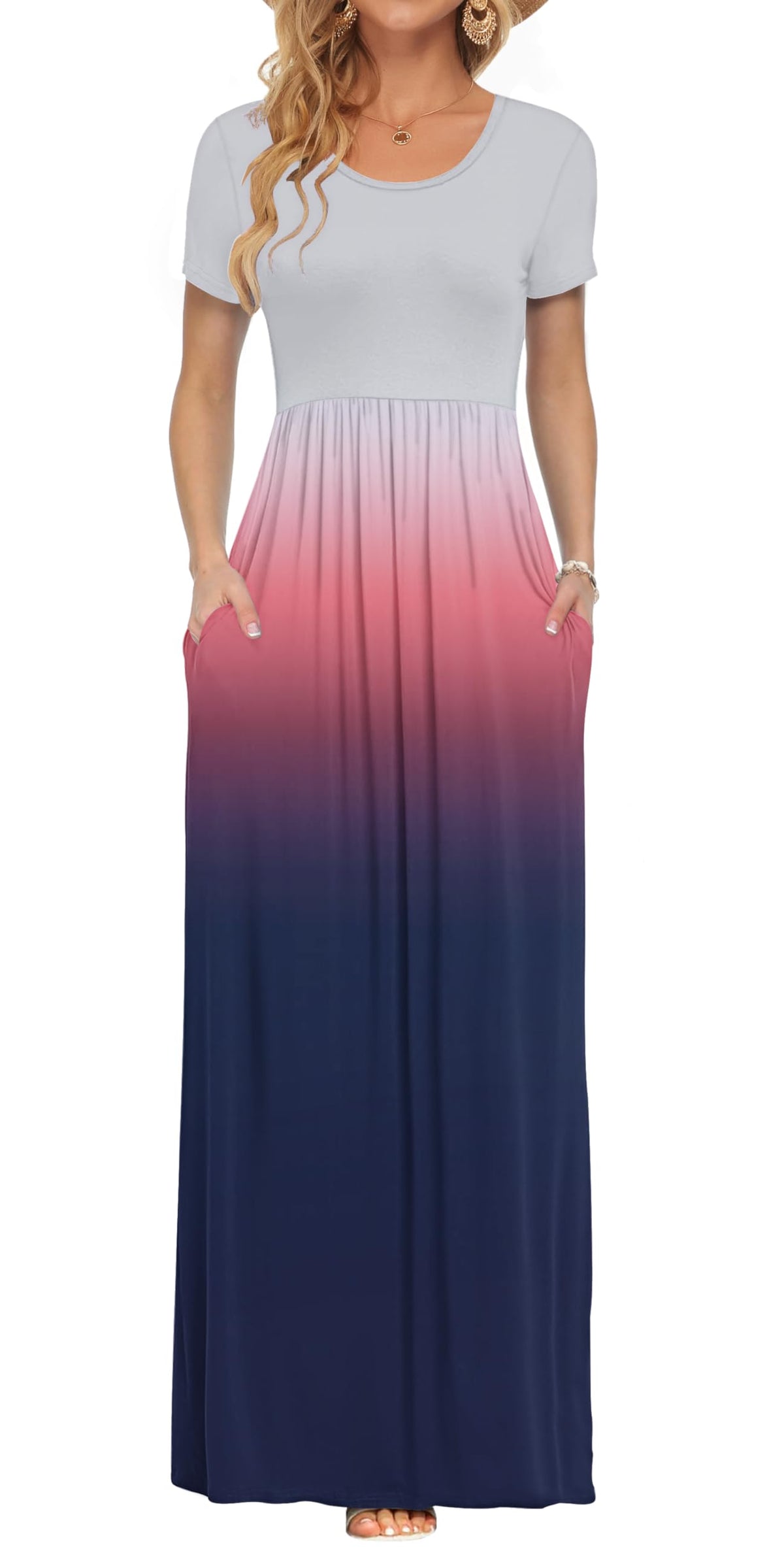 AUSELILY Women's Summer Short Sleeve Loose Plain Casual Long Maxi Dresses