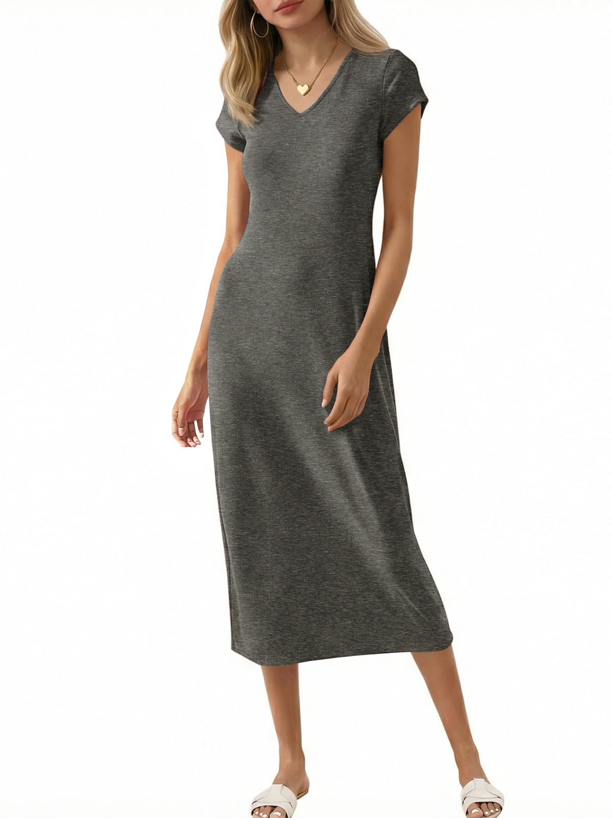 Wenrine Womens Short Sleeve T-Shirt Dress V Neck Summer Casual Midi Dresses