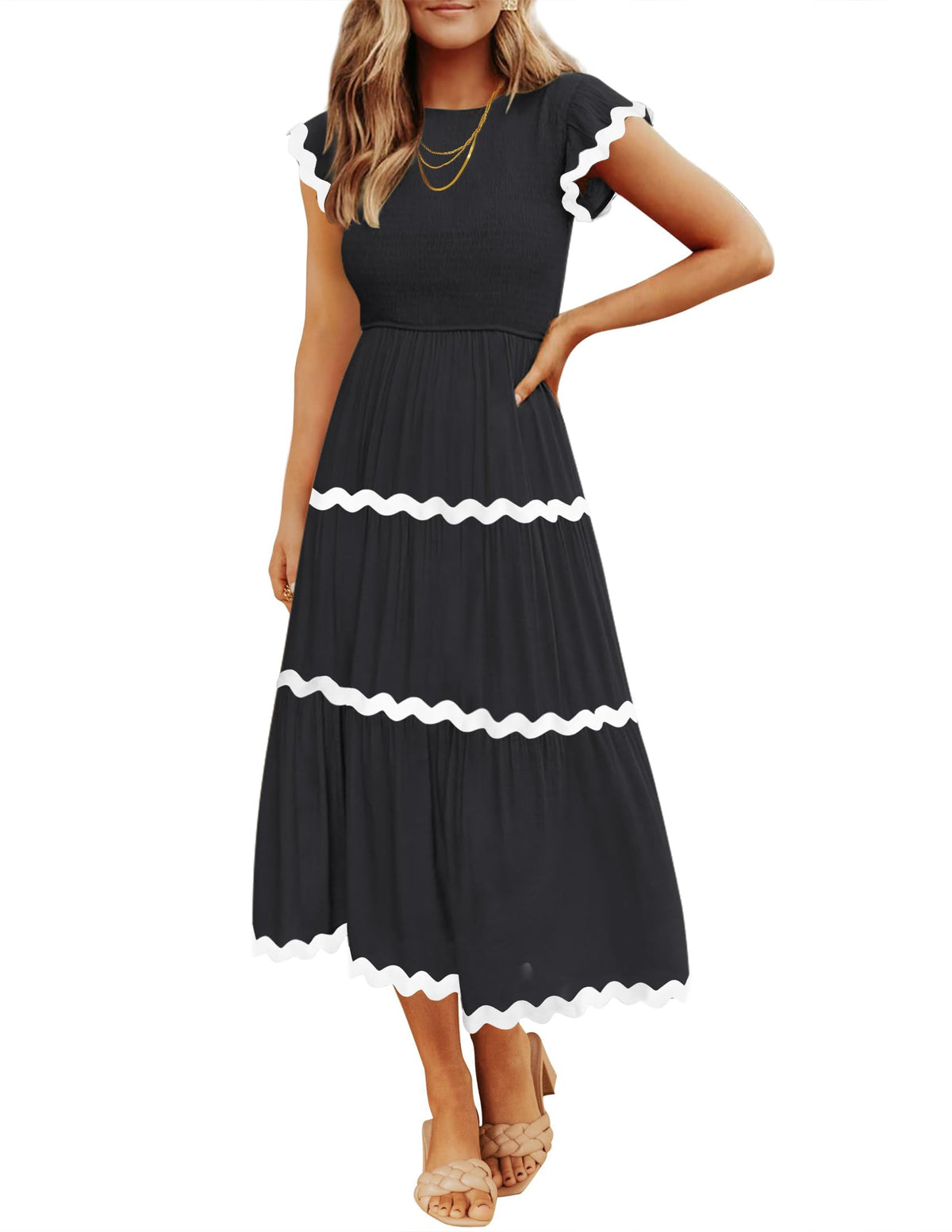 ZESICA Womens Summer Casual Smocked Flowy Midi Dress