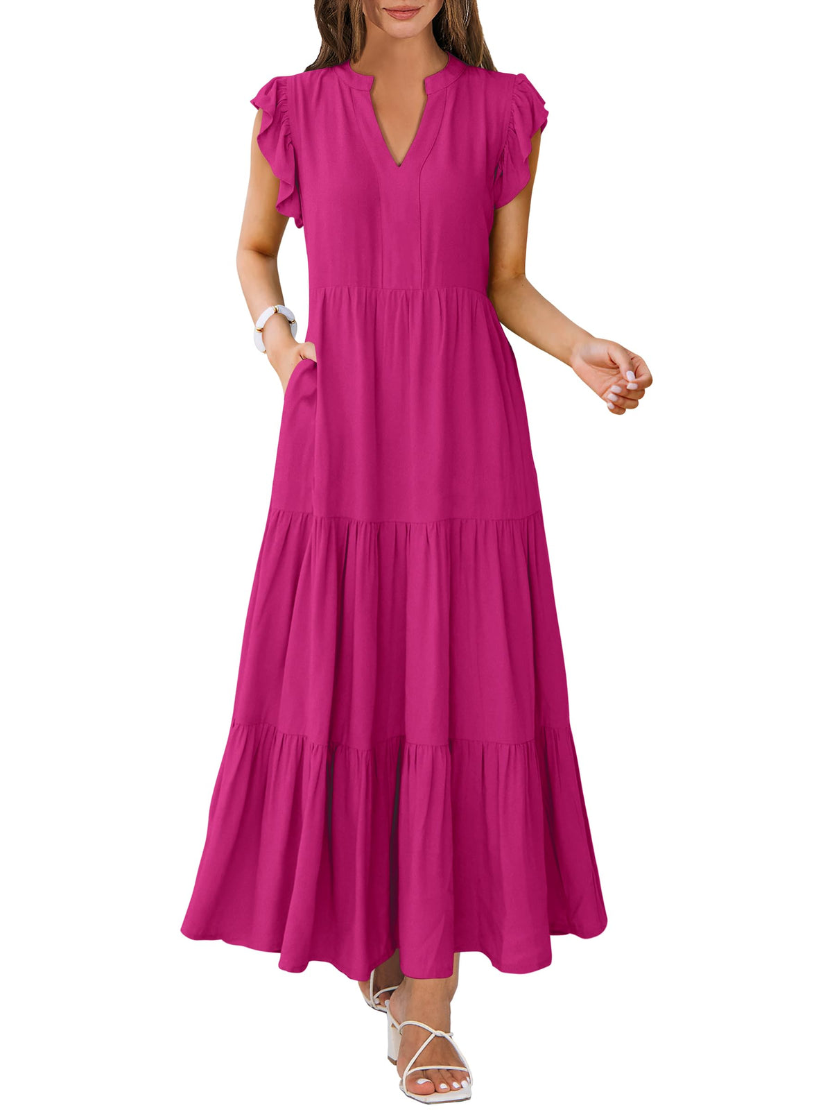 ANRABESS Womens Summer Dress Ruffle Sleeve V Neck Vacation Maxi Dresses