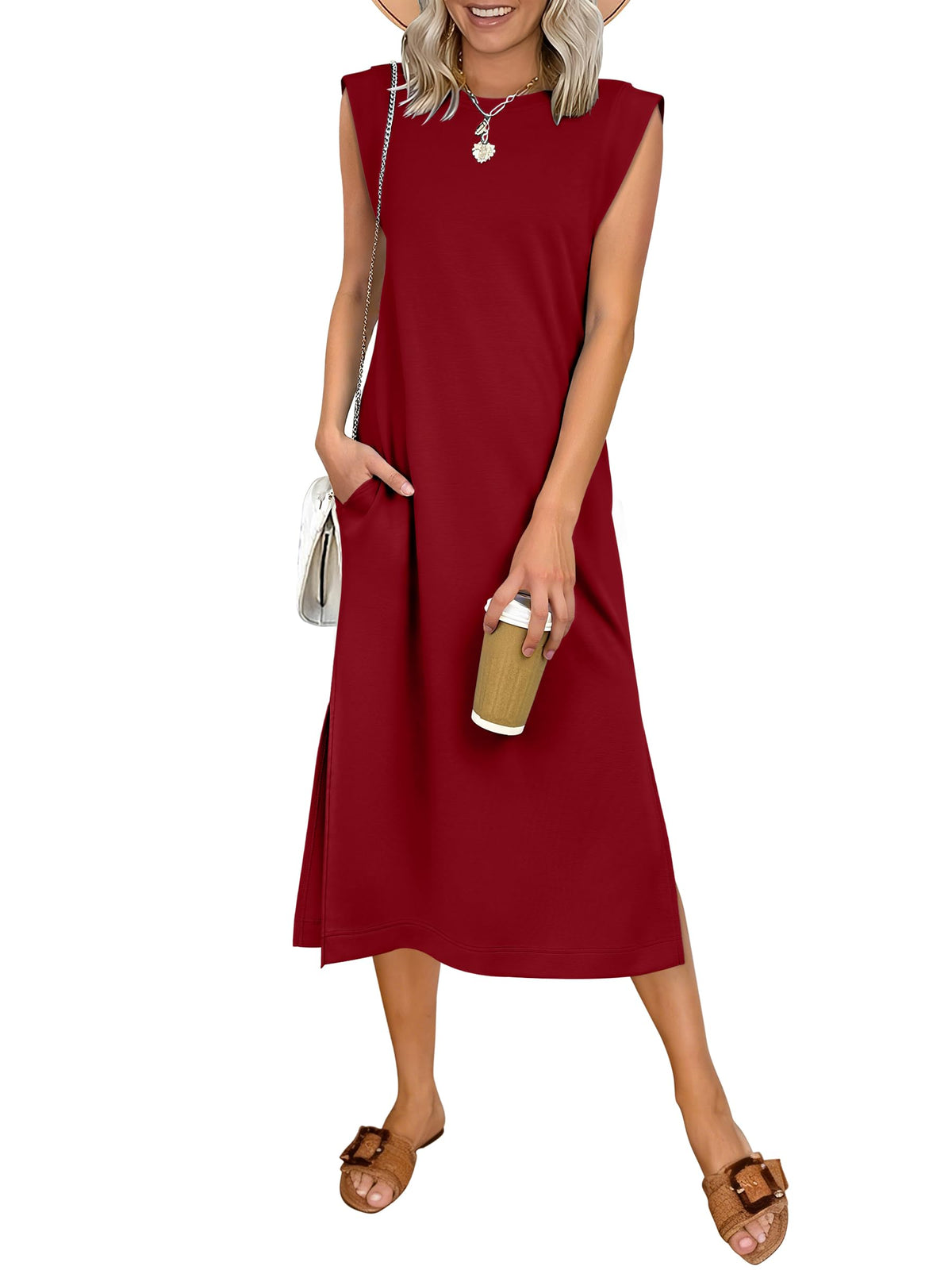 ANRABESS Womens Summer Casual Midi Dress Sleeveless Crewneck Loose Split Wrinkle-Free Beach Travel Vacation Long Sundress