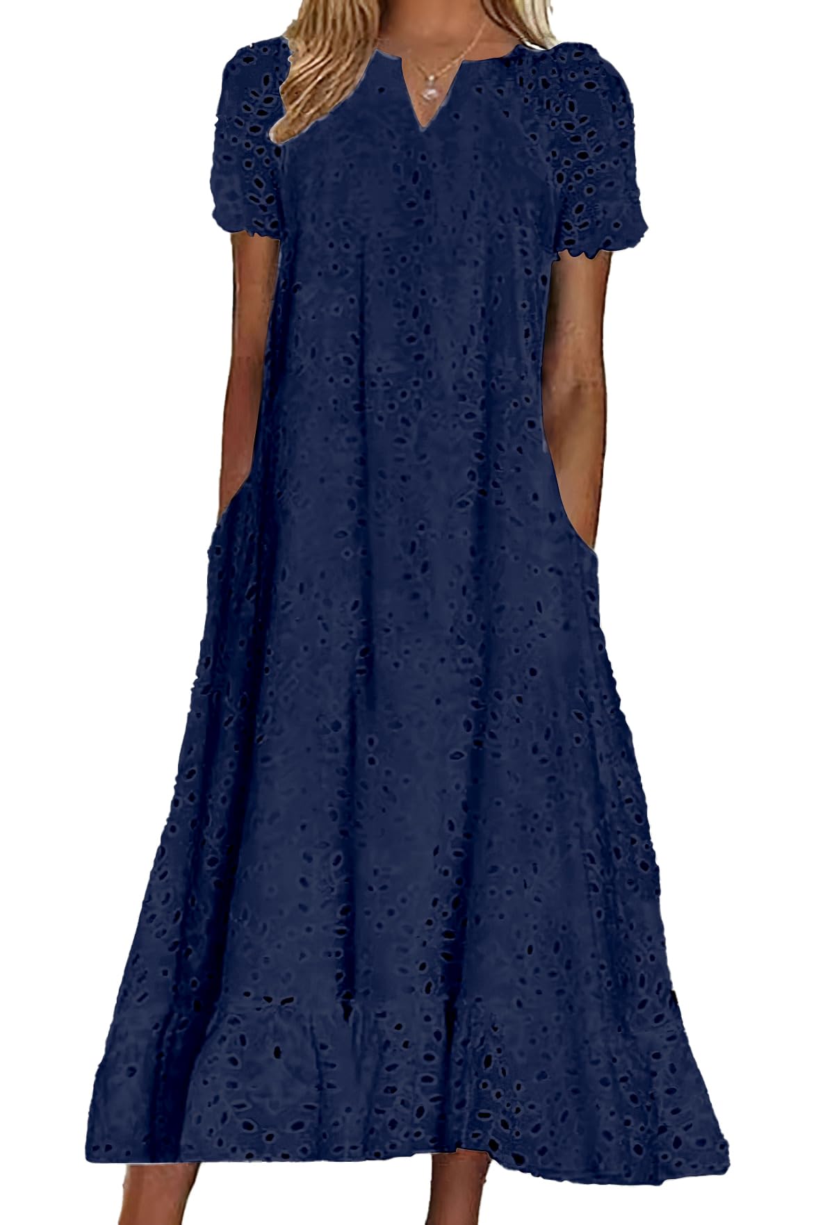 chouyatou Women Summer Ruffle Hem Floral Lace Eyelet Dress Casual Notch Neck Midi Tunic Dress with Pocket