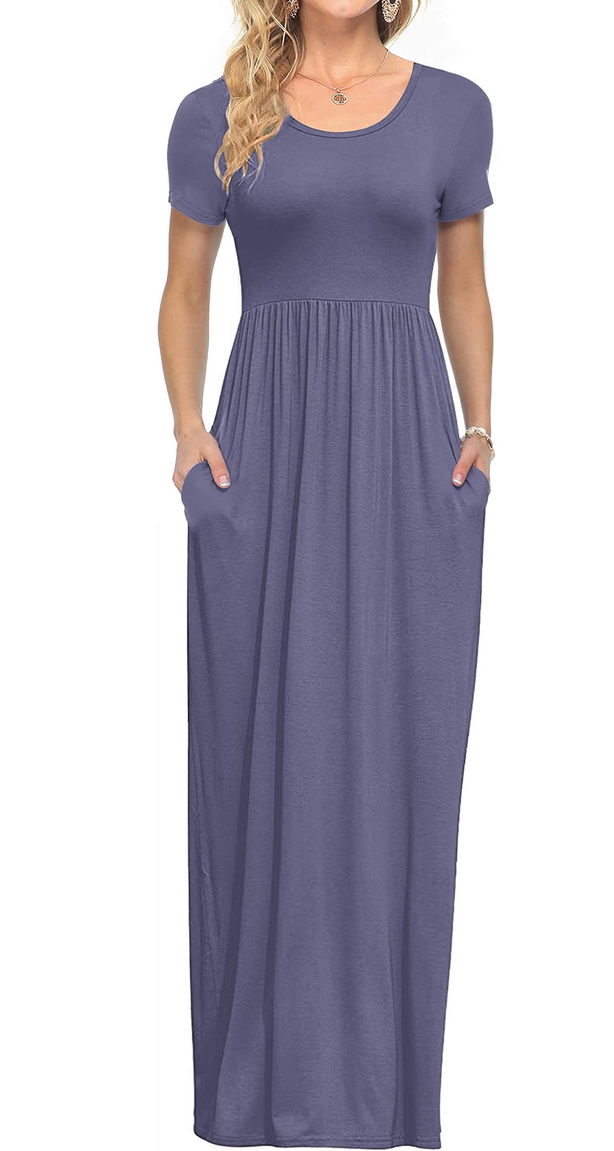 AUSELILY Women's Summer Short Sleeve Loose Plain Casual Long Maxi Dresses