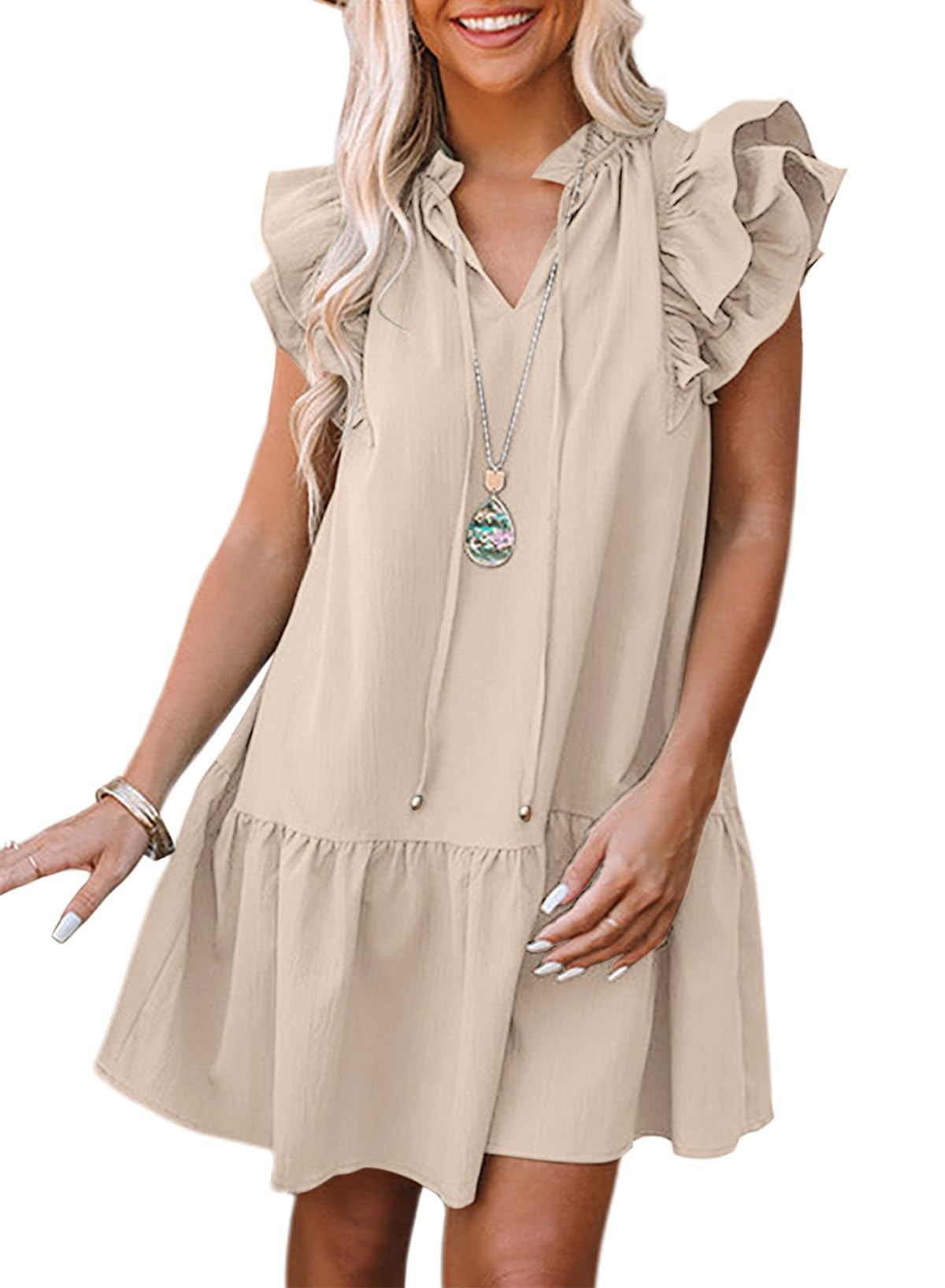 Dokotoo Womens Summer Dresses 2026 V-Neck Drawstring Ruffle Cap Short Sleeve Side Pockets Mini Dress Sundress