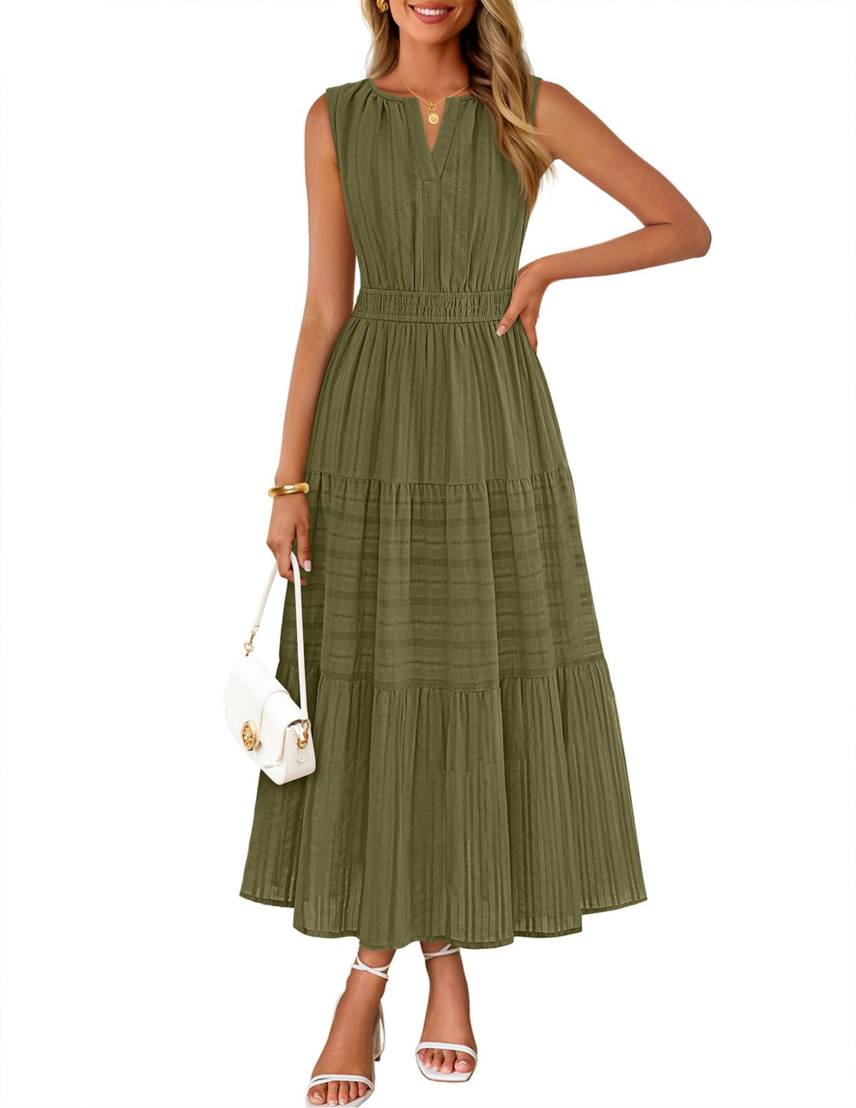 MEROKEETY Summer Casual Sleeveless V Neck Midi Maxi Cotton Dress Women 2026