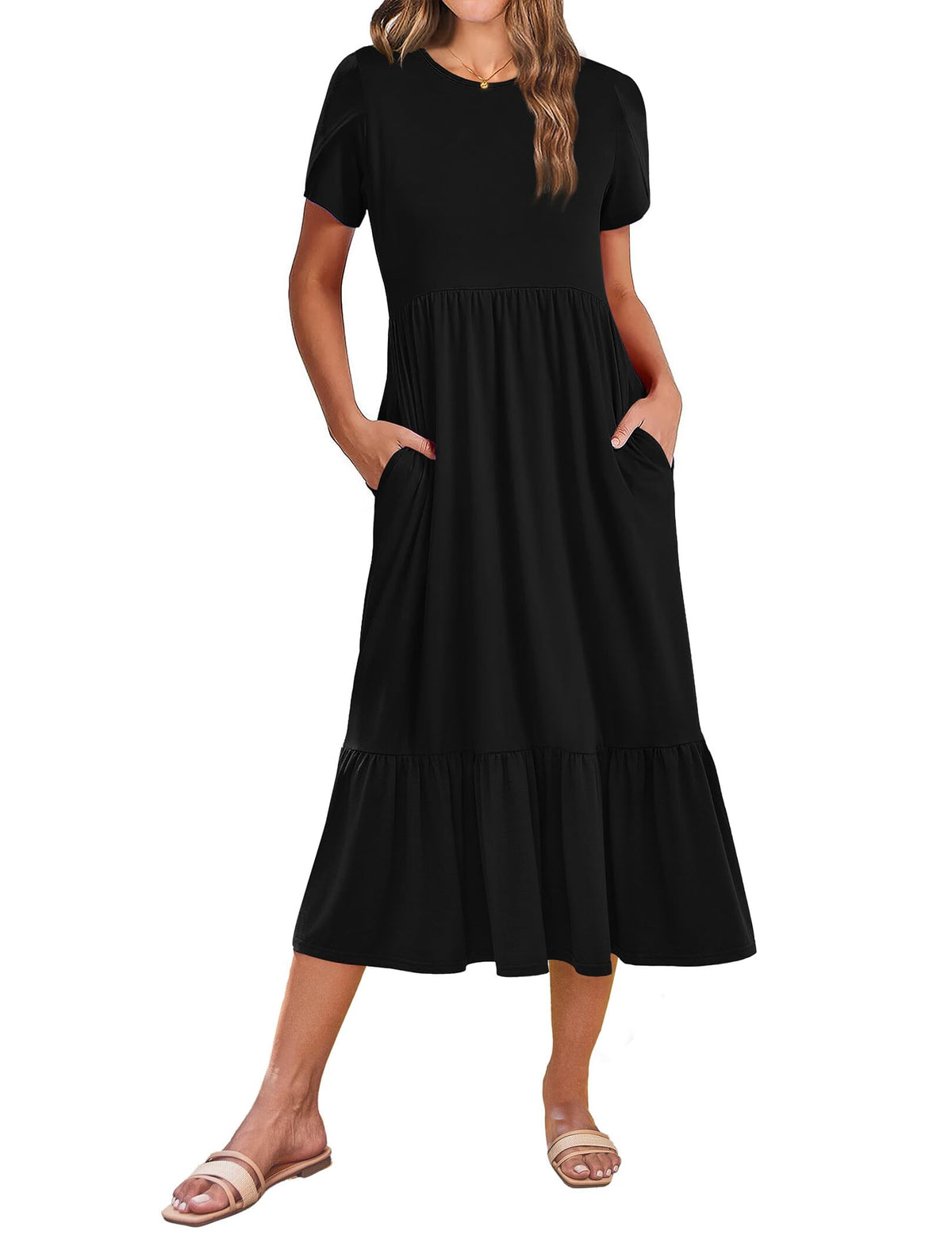 Zeagoo Women Summer Midi A Line Dress Short Sleeve Casual Flowy Tiered Beach Long Sundress with Pockets 2026 Vacation Travel