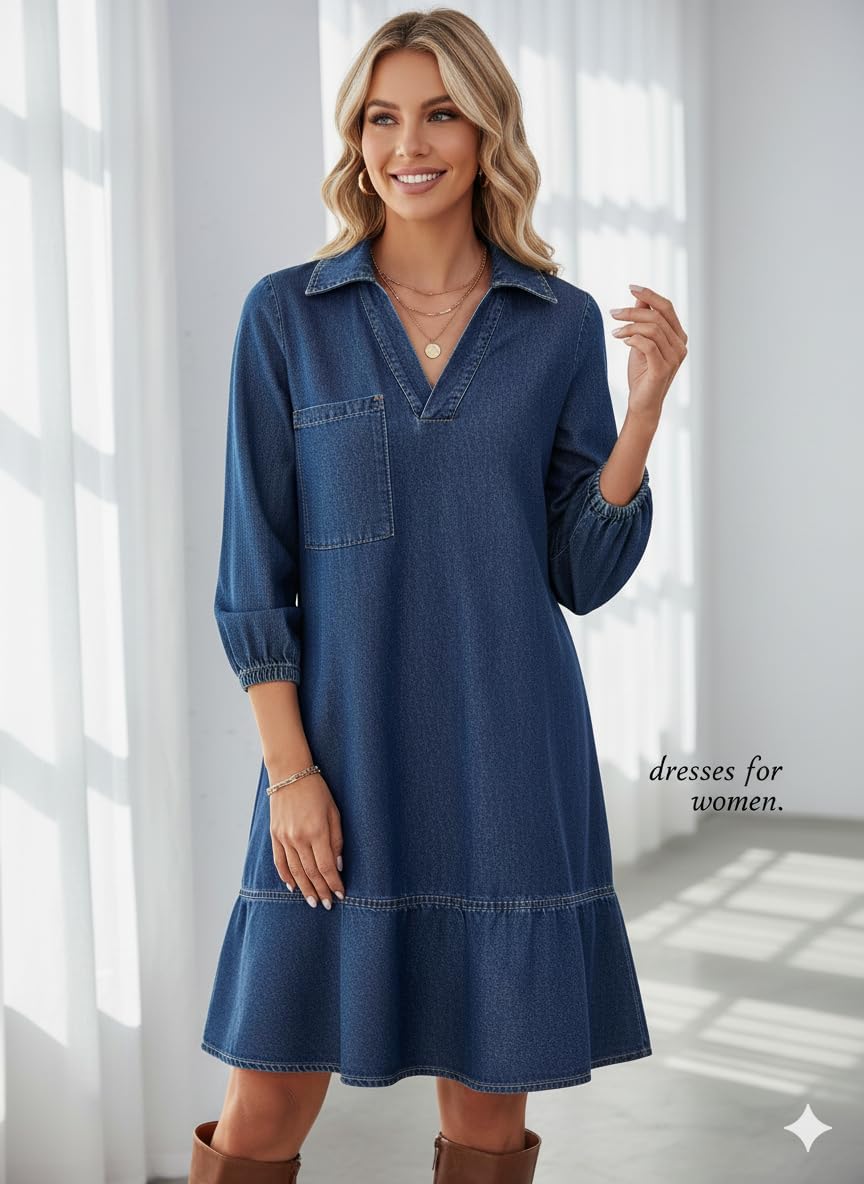 Dokotoo Denim Dress for Women Fall 3/4 Puff Sleeve Babydoll Jean Dress