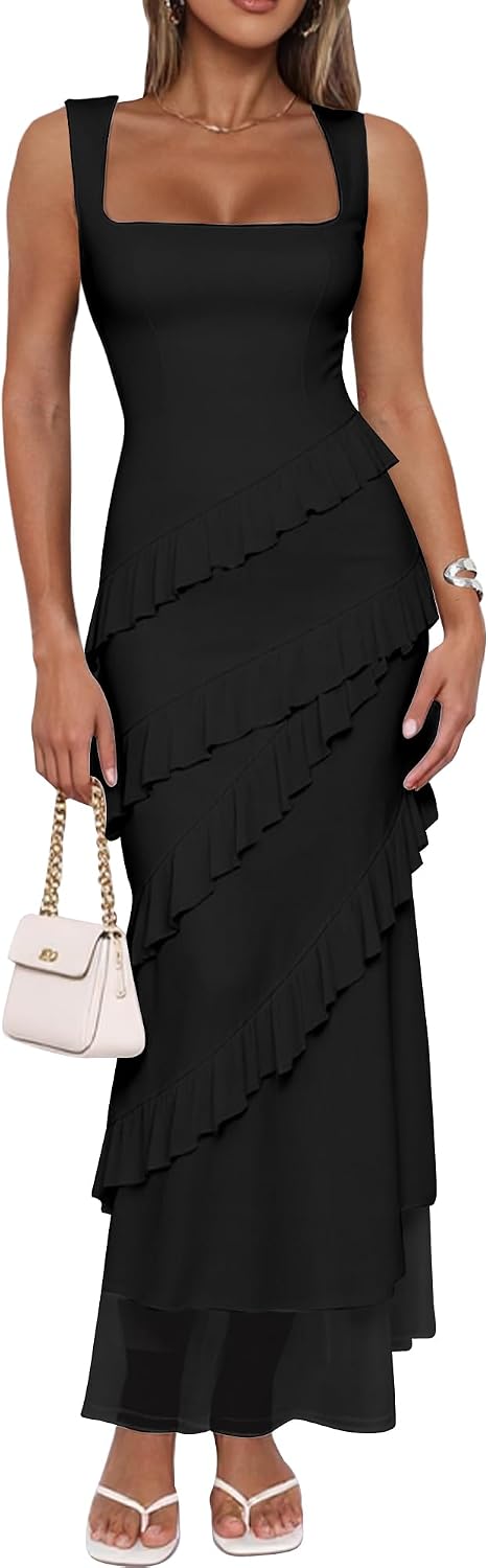 HOCILLE Women's Sexy Bodycon Sleeveless Mesh Ruffle Cocktail Maxi Dress