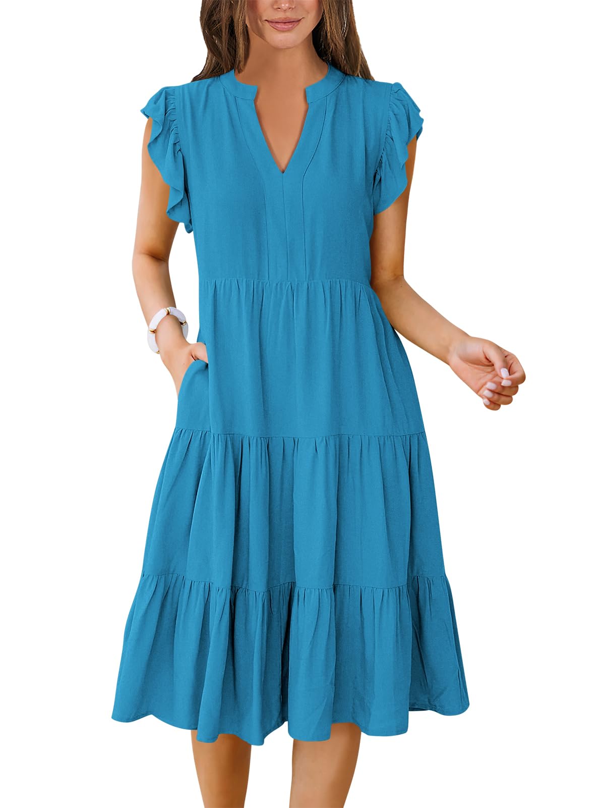 ANRABESS Womens Summer Dress Ruffle Sleeve V Neck Midi Dresses