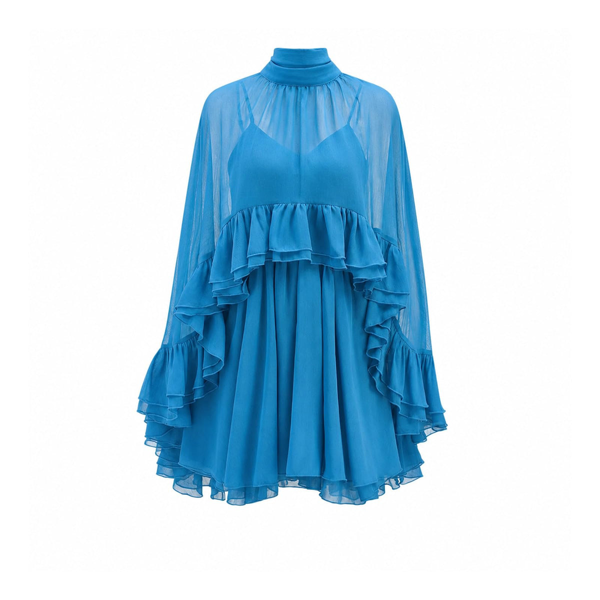 Women’s Semi Sheer Chiffon Ruffle Dress with Outer Cape, Poncho Sleeve Flowy Mini Dress, Loose Fit Elegant Summer Dress