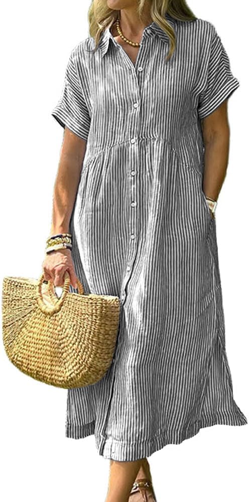 chouyatou Women's Summer Striped Midi Long Shirt Dress Casual Loose Short Sleeve Button Down Dress